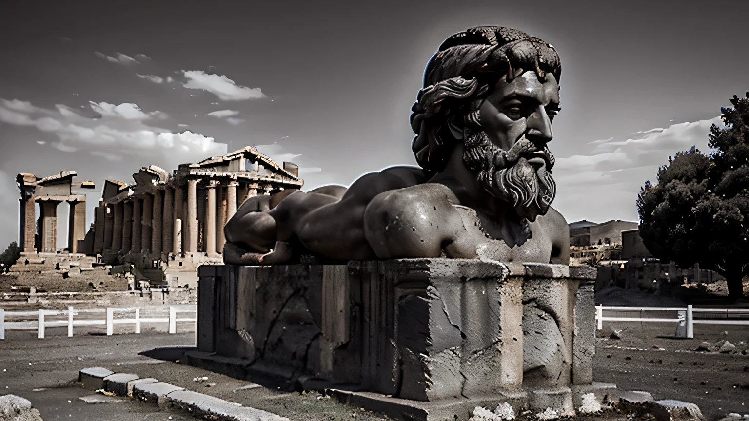 A dark landscape image of an ancient greek society deeply connected to stoicism, black and white, ancient greek architecture, include one single big statue of a stereotypical strong greek man, marcus aurelius more variety