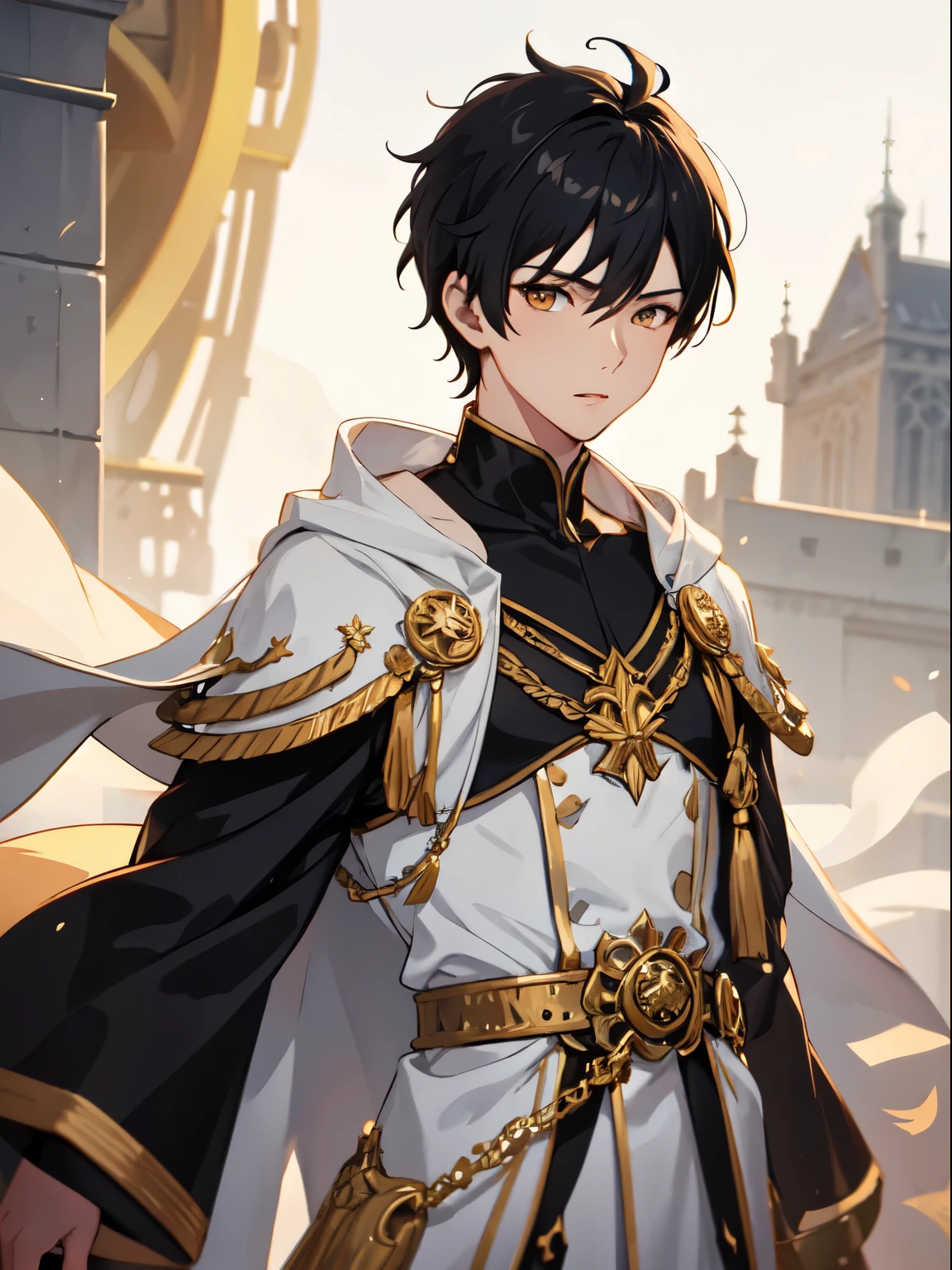 man fantasy Anime black hair short hair 20 years old gold eyes adventurer no background no background illustration style spiky hair white robe