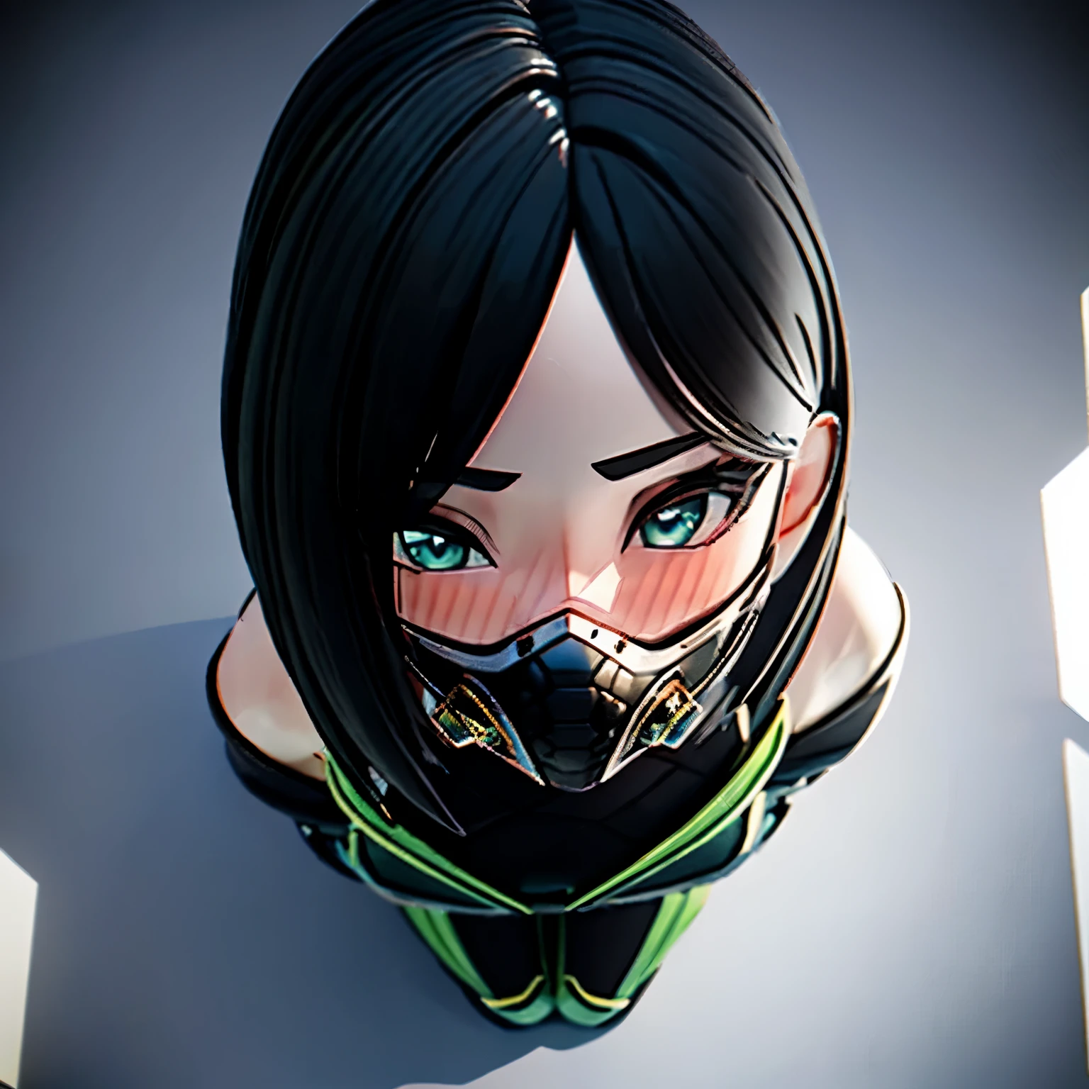 (arhoangel), blender, pixel-viper-mask,
blush, stylized 3d render, masterpiece,  (1girl), (solo), 3d, perfect face, detailed anatomy, cute pose, shy, perfect lighting, detailed hair, bubble butt, absurdres, clean eyes, perfect eyes, kneeling, view from above, black hair