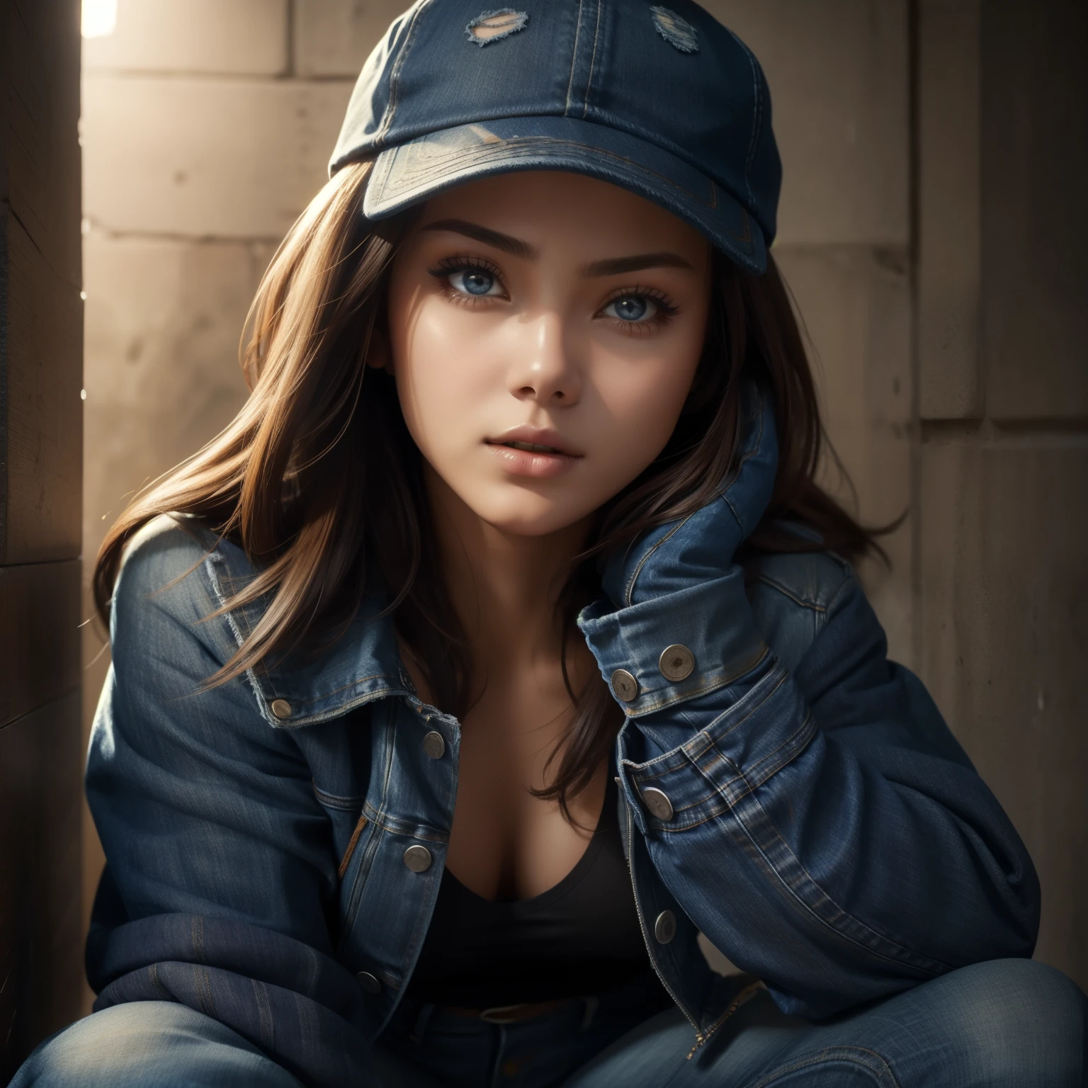 Beautiful woman, covered from head to toe in clothing, cap, t shirt, jacket, jeans, boots, gloves, mask, close up shot, expressive eyes, wall background, cornered