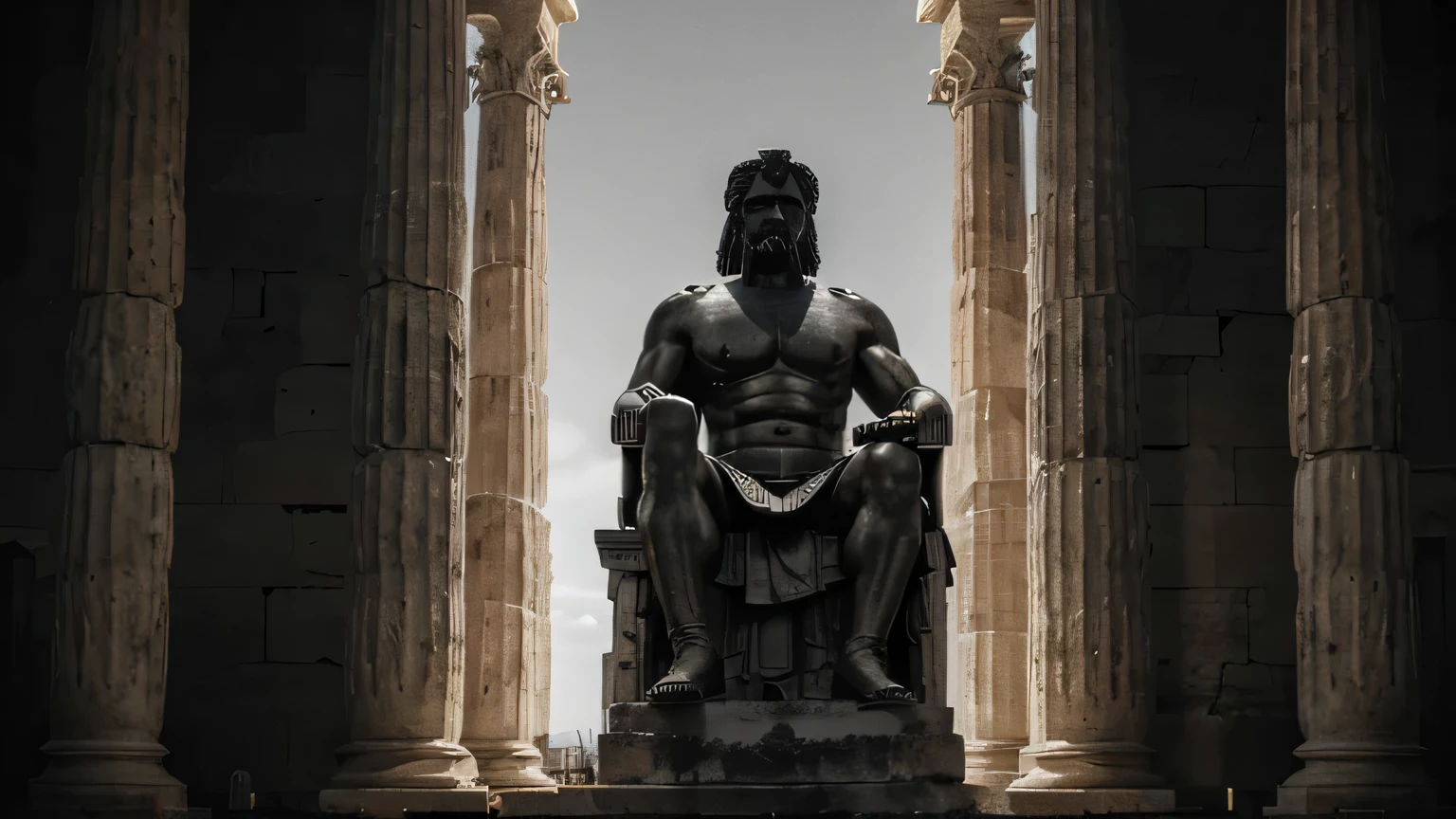 A dark landscape image of an ancient greek society deeply connected to stoicism, black and white, ancient greek architecture, include one single big statue of a stereotypical strong greek man that is posing, marcus aurelius