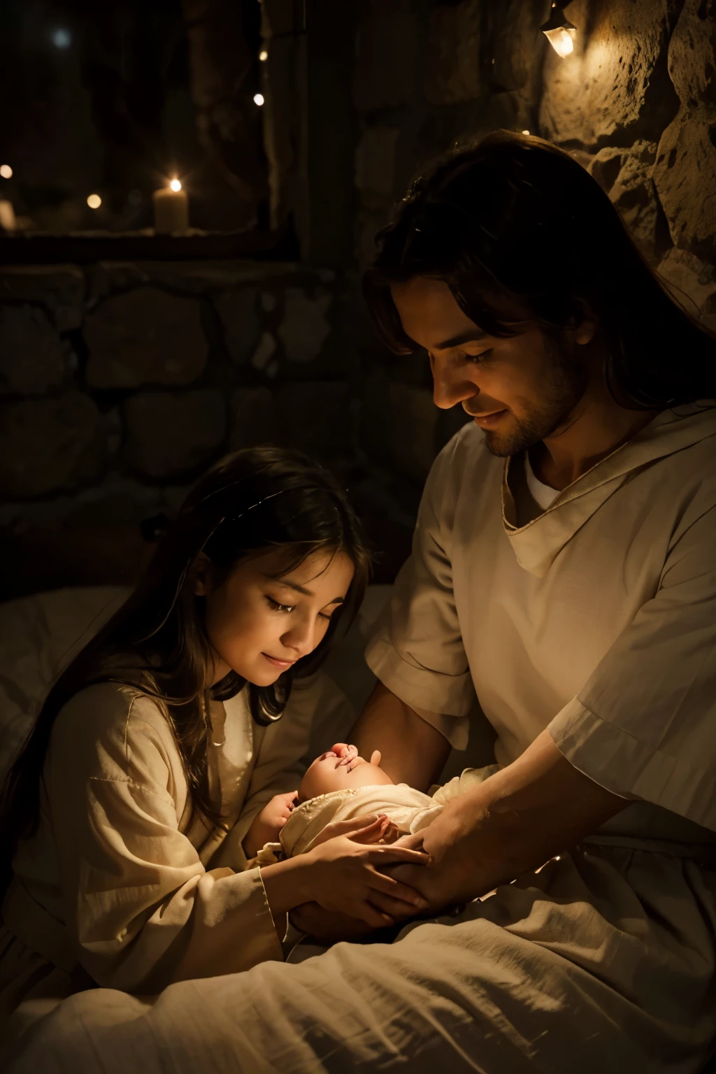 Describe a serene scene in a small manger in the Holy Land, where Mary and Joseph stand lovingly beside the cradle where Jesus lies. The atmosphere is illuminated by a soft celestial light, highlighting the peace that surrounds the holy family. Maria, with a loving look, delicately holds José's hand, while they both smile tenderly at the newborn. The cradle is adorned with simple fabrics, and a soft light highlights the calm features of Jesus' face. In the scene, you can feel the serenity and reverence, as the Star of Bethlehem shines softly in the night sky. Create an image that captures the simple beauty and emotion of this sacred moment.