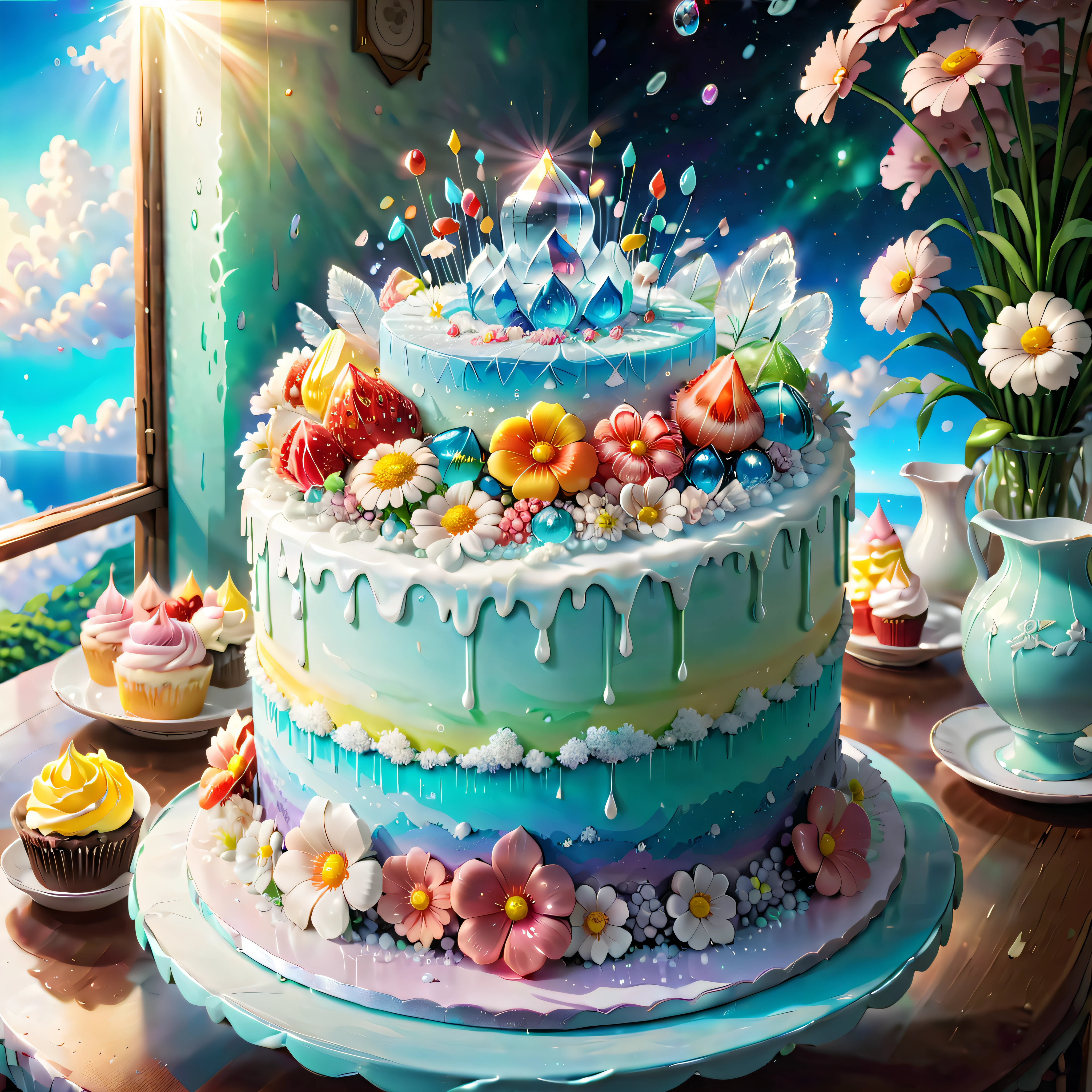 (Imagine that，A dreamy fairytale birthday cake hovers over the dining table，The color of the reflected light，The cake connects different layers of dreamy ice crystals and crystal decorations，It is decorated with crystal textures and frosted flowers，And on top of the cake hangs a gorgeous and spectacular dream candy sculpture and other dream food decorations) ，The painting can have a dreamlike tranquil vibe, Soft clouds and a brightly colored RGB color palette, (Studio Ghibli-like colors, Cinematic lighting, First-person perspective, Angle, panoramic, Ultra-wide angle, Ultra-high definition, Anatomically correct, masterpiece-quality, Selected, Award-winning, Best quality, Extremely colorful, highestdetailed, Close-up of details, Capture every delightful detail of the cake)