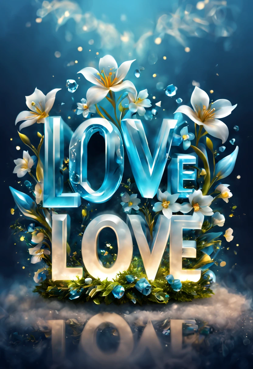    L0VE logo L0VE references 3D font design L0VE creative font design with distinctive style，Crystal clear digital art details the best masterpieces, best quality, Bright delicate blue white crystal clear crystal beautiful flowers and crystals, glowing flower, Diffusing luminous fog luminous particles,Brilliant volume blooms with light, bloom background artwork, , Highly detailed figures, best quality,High quality detailed art