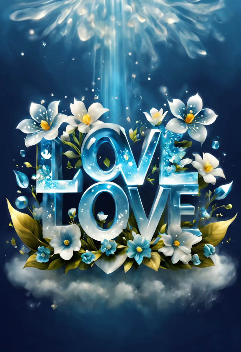    L0VE logo L0VE references 3D font design L0VE creative font design with distinctive style，Crystal clear digital art details the best masterpieces, best quality, Bright delicate blue white crystal clear crystal beautiful flowers and crystals, glowing flower, Diffusing luminous fog luminous particles,Brilliant volume blooms with light, bloom background artwork, , Highly detailed figures, best quality,High quality detailed art