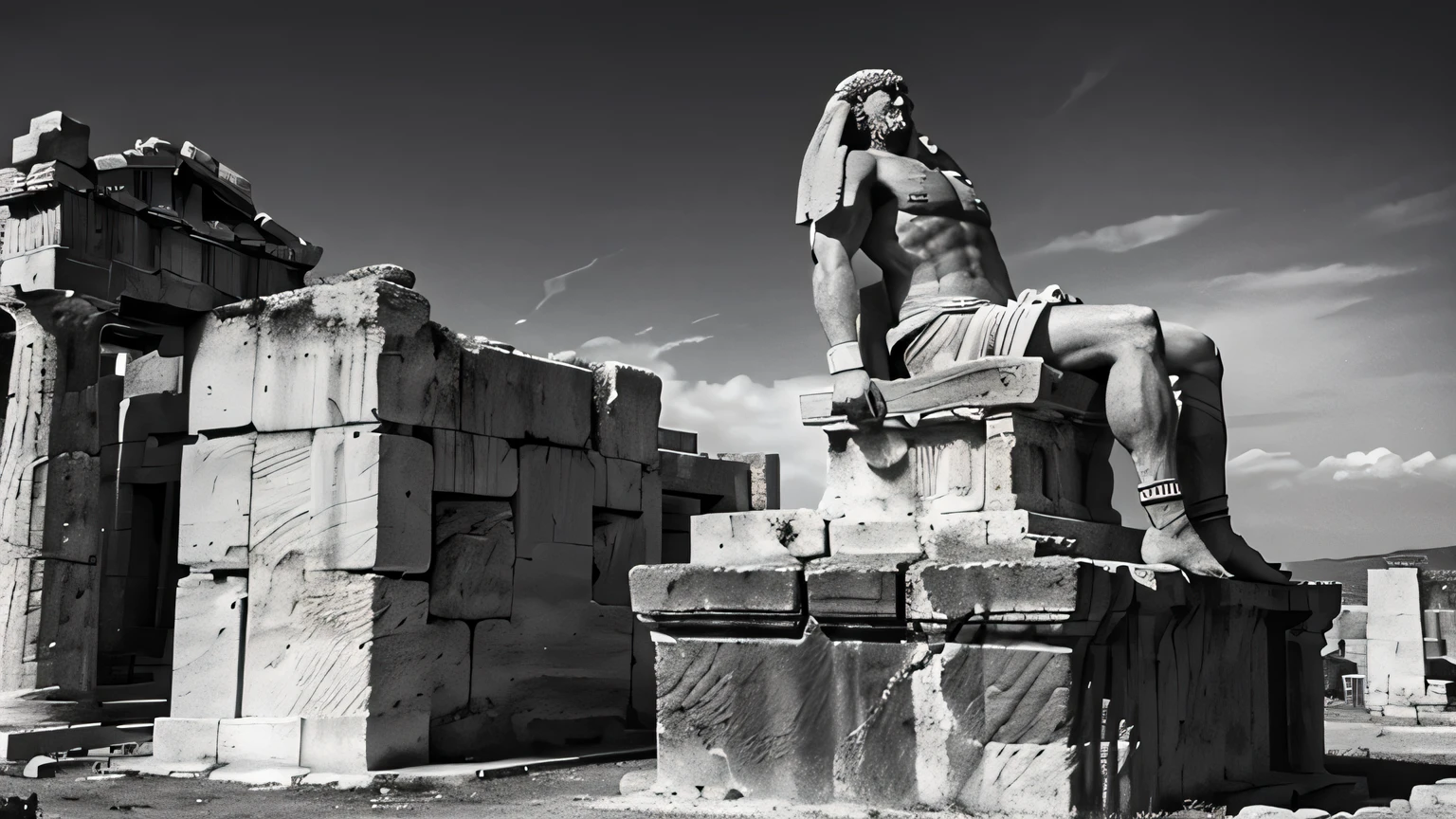 A dark landscape image of an ancient greek society deeply connected to stoicism, black and white, ancient greek architecture, include one single big statue of a stereotypical strong greek man, marcus aurelius and make him standing