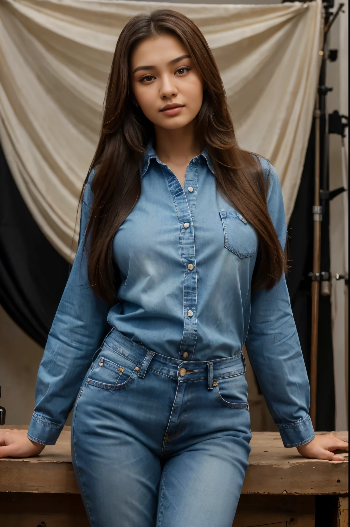 (an Uzbek beautiful woman, 20 years old, looking at the viewer, long hair, shirt, jeans, in a photo studio), (best quality, 4k, highres, ultra-detailed, realistic:1.37), (portrait, photography), (vivid colors), (soft lighting)