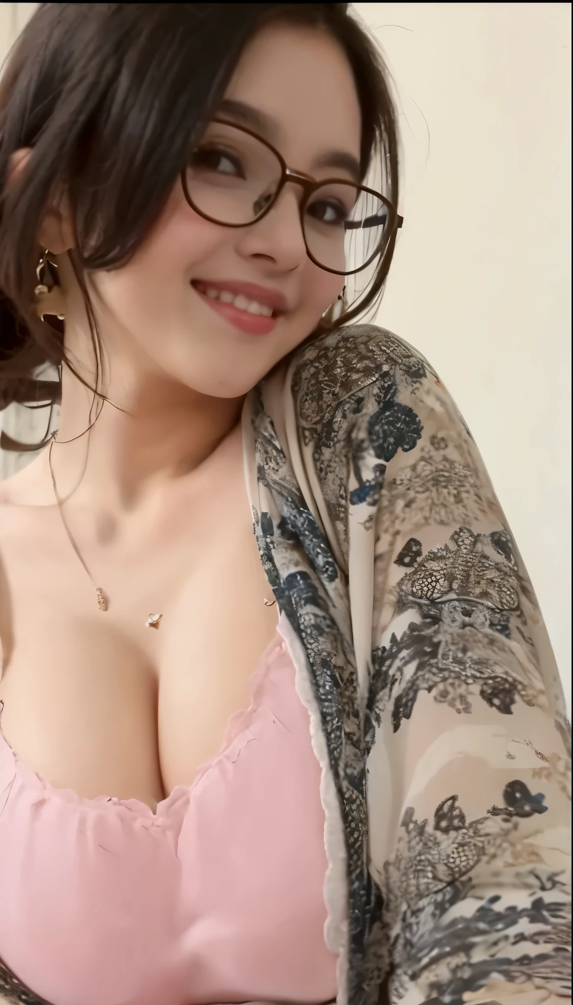 (Beautiful  girl:1.2) (bold make-up) (sexy) (gigantic breast:1.2) deep (High quality) HD, super detail, high details, high quality, award winning, best quality, highres, 1080P, HD, 16k, big tits , round tits, deep cleavage, open cleavage, hanging tits, (tan skin:1.2) (long hair) (wear glasses) cute smile