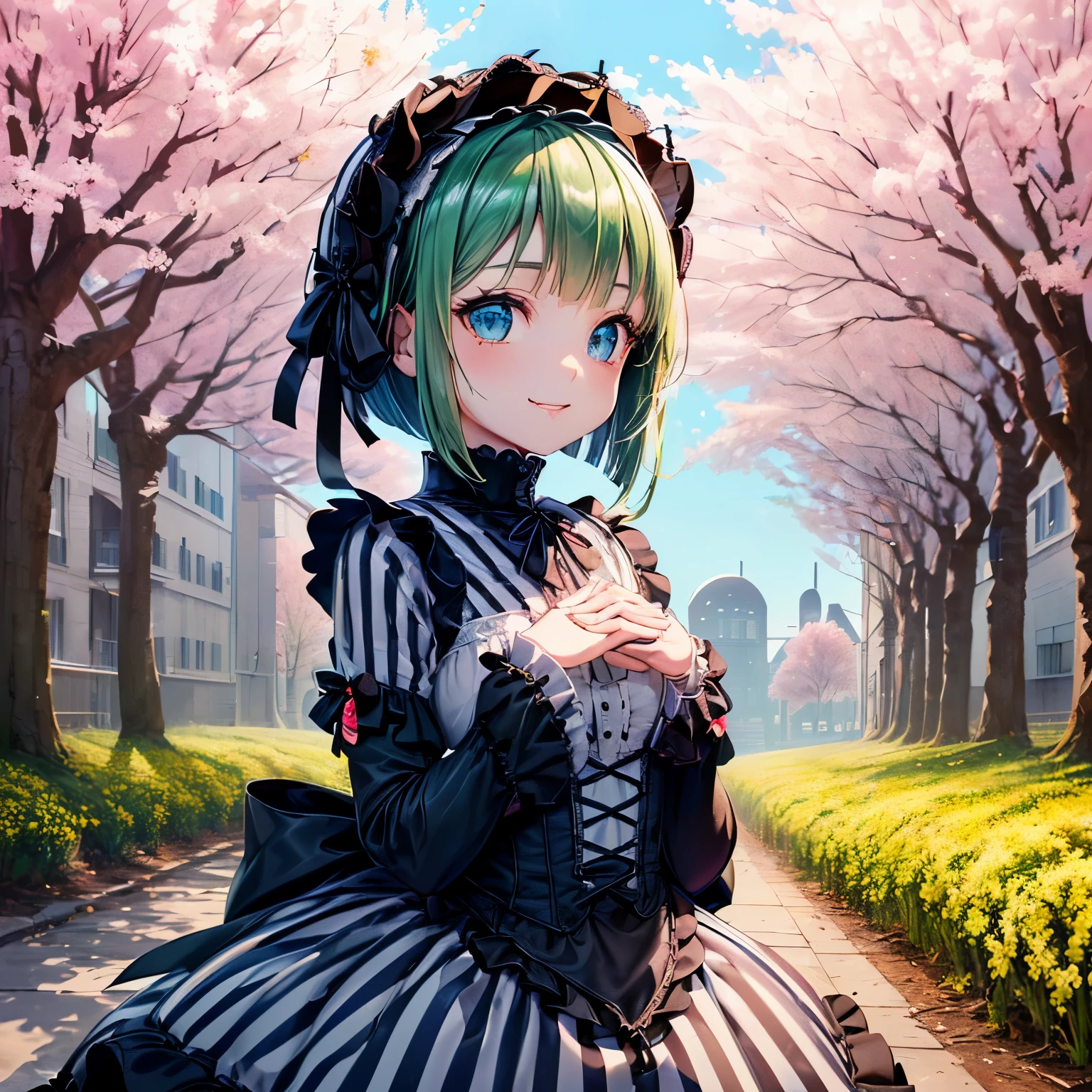 (32k), Highest image quality, Highest image quality, (figure:1.0), 1 girl, (((Blue and white stripes, Gothic Lolita:1.5))), ((Blue and white stripesのウエイトレス:1.4)), (dark pupil:1.4), Shining in black eyes, ((short bob cut, Green Hair:1.3)), lovely blue eyes, (best smile:1.2), (perfect hands:1.4), ((Cherry treeの詳細な背景:1.5)), (rape blossoms:1.3), ((Cherry tree:1.5)), whole body, highest quality,Super detailed, masterpiece,