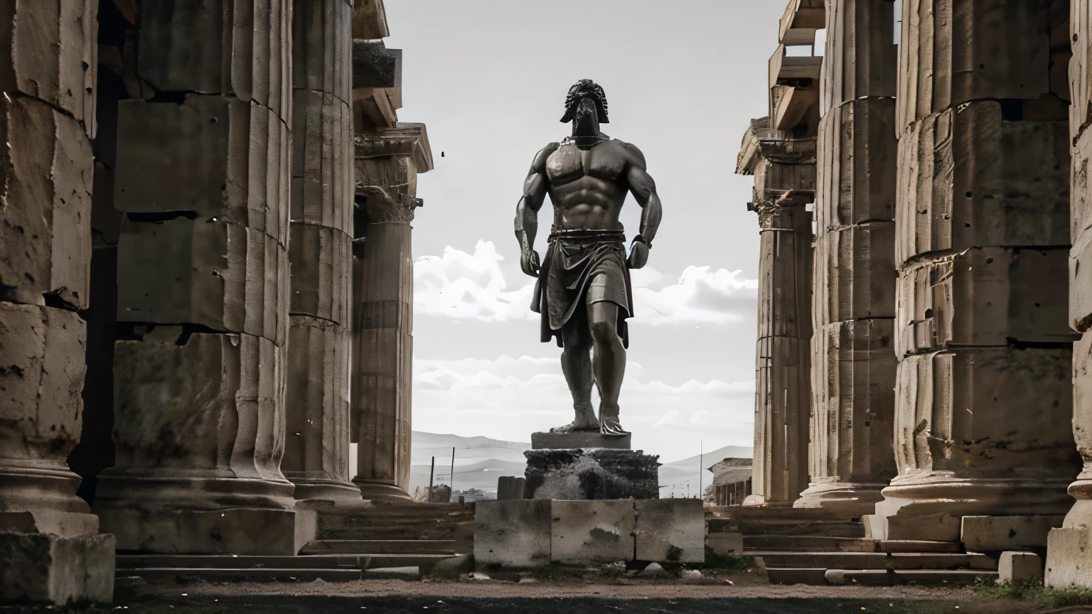 A dark landscape image of an ancient greek society deeply connected to stoicism, black and white, ancient greek architecture, include one single big statue of a stereotypical strong greek man, marcus aurelius and make him standing