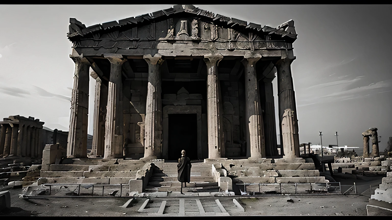 A dark landscape image of an ancient greek society deeply connected to stoicism, black and white, ancient greek architecture, include one single big statue of a stereotypical strong greek man, marcus aurelius and make him standing