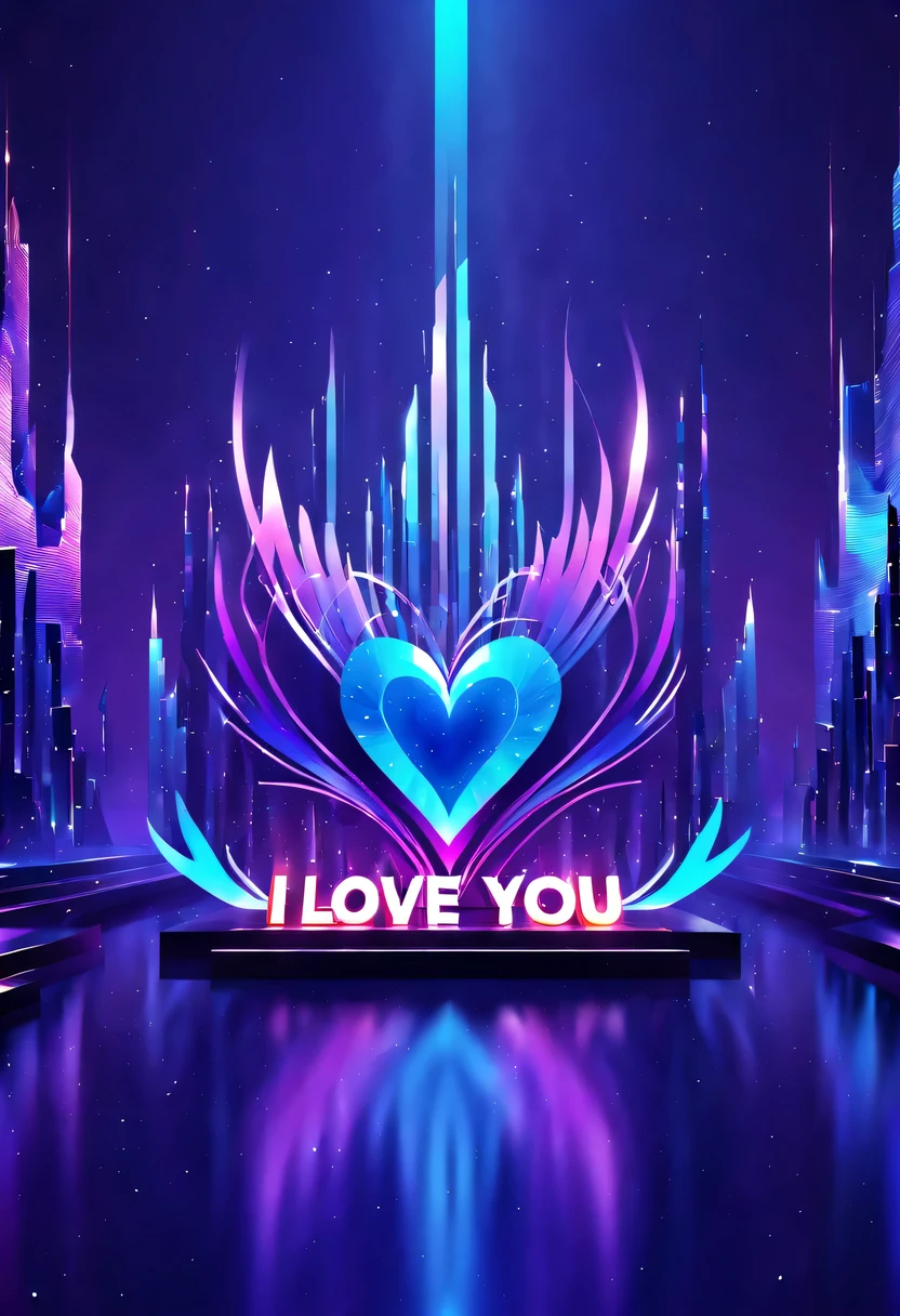 screenshot of landscape("I love you":1.9)Iron word design.gradient background,streamline、complex symmetry、Elegant and gorgeous、Beautifully unique、Sci-fi future、Mechanical texture、bright、Mesh details、Golden luster、sharp edge,machine characters,high tech text,magical text,cyberpunk,Holographic projection,fault art,mechanical aesthetics,neon lights,laser light,fluorescence,glow effect,liquid metal,copper plate engraving,Unreal Engine