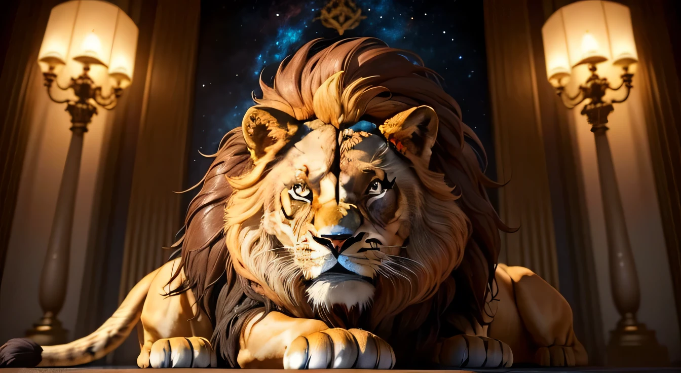 A complete Lion King Galaxy Royale background, 3D Magician, Full-res RTX style with flaming eyes sitting on a throne, com uma coroa de rei escrita rei dos reis, captured through photography with a 35 mm lens. Inspired by the art of National Geographic photographers, The scene depicts the majestic lion, majestoso e poderoso. The color temperature is warm, with golden tones highlighting the lion’s grandeur. The lion's eyes burn with intense flames, emanating a sense of authority and dominance. The lighting casts dramatic shadows, criando um cativante, symmetrical, corpo todo, Wide angle, atmosfera rtx
