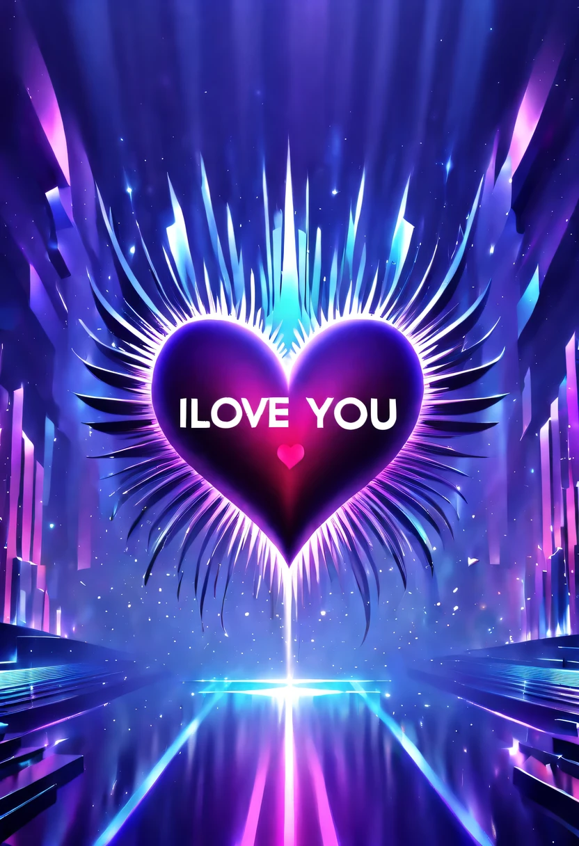 screenshot of landscape("I love you":1.9)Iron word design.gradient background,streamline、complex symmetry、Elegant and gorgeous、Beautifully unique、Sci-fi future、Mechanical texture、bright、Mesh details、Golden luster、sharp edge,machine characters,high tech text,magical text,cyberpunk,Holographic projection,fault art,mechanical aesthetics,neon lights,laser light,fluorescence,glow effect,liquid metal,copper plate engraving,Unreal Engine