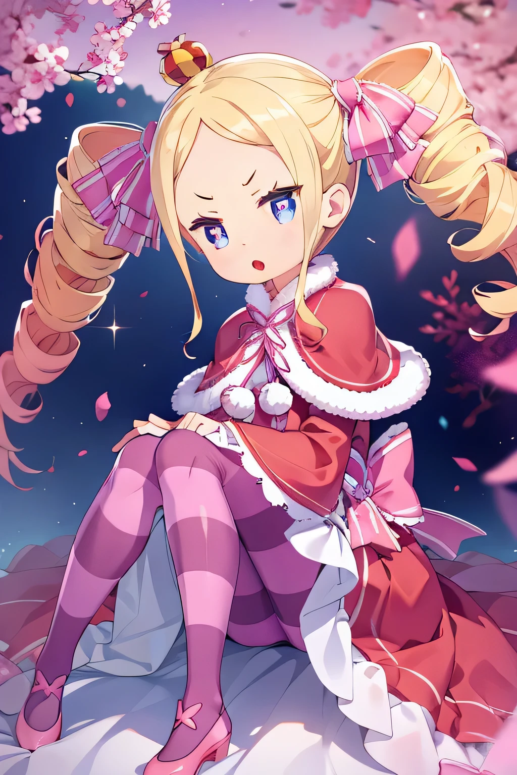 aabeatrice,symbol-shaped pupils,mini crown,long hair,twin drills,sidelocks,v-shaped eyebrows,hair ribbon,pink bow,fur-trimmed capelet,red capelet,dress,frilled dress,red dress,bow,ribbon,pom pom \(clothes\),long sleeves,wide sleeves,frills,pantyhose,striped pantyhose,shoes,pink footwear, :o, masterpiece, fantasy, power