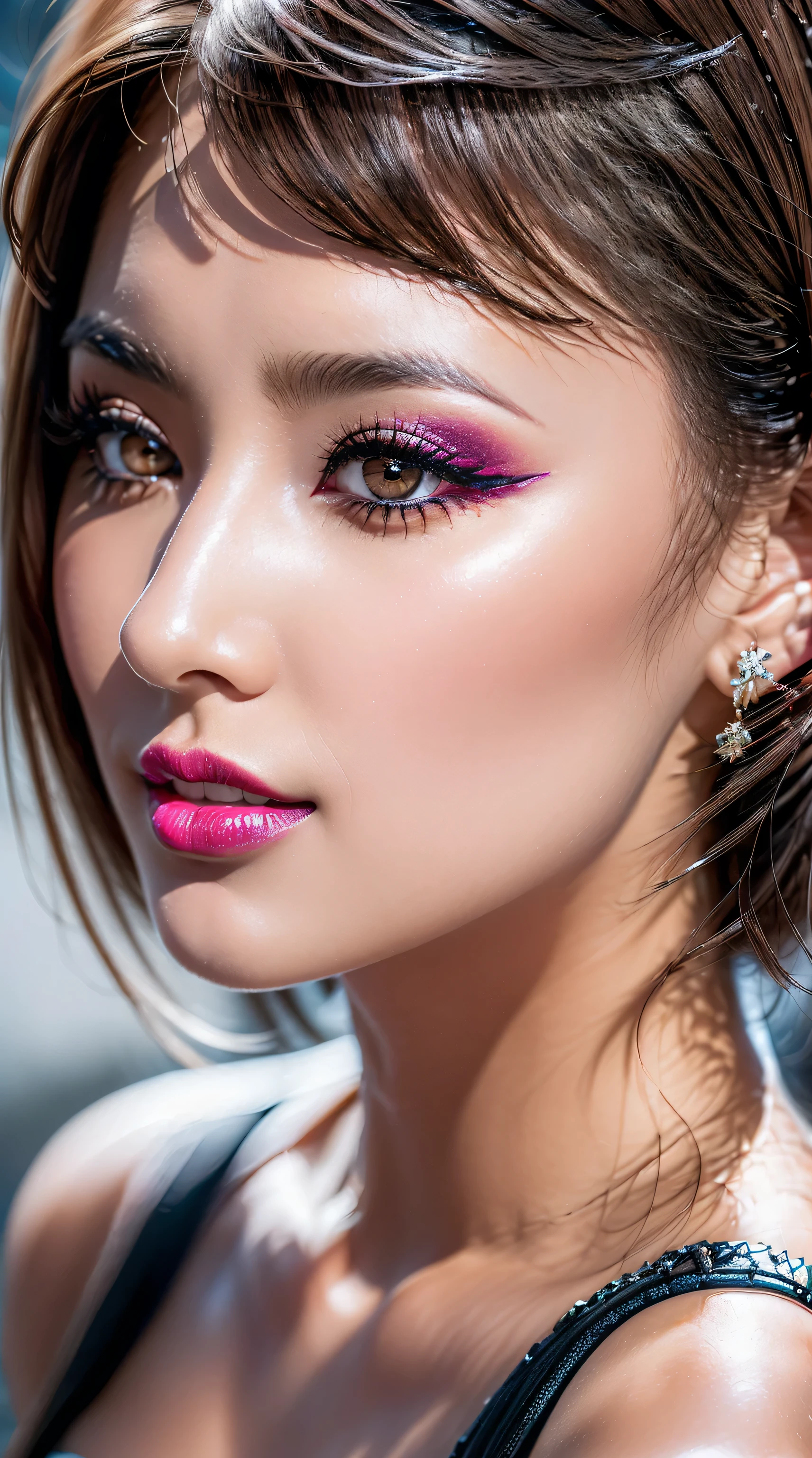 ((perfect round eyes))、dressed, (photo realistic:1.65), (realistic:1.65), (smoother lighting:1.05), (increase cinematic lighting quality:0.2), 32K, (1girl:1.4) 21years old、fashion supermodel、realistic lighting, backlighting, light on face, ray trace, (brightening light:1.1), (Increase quality:1.4), (best quality real texture skin:1.3), (finely detailed eyes), finely detailed face, ((finely quality eyes)), (tired and sleepy and satisfied:0.0), ((face closeup:1.25)), (detailed lips:1.33)、(Detailed nose:1.2)、(Increase body line mood:1.1), (Increase skin texture beauty:1.3), ((small head: 1.4))、((slim face)), ((anatomically correct)), ((pink_makeup:1.25)), ((long_blue)_eyeliner:1.3), ((red_lipstick:1.32)), (perfect purple_eyeshadows:1.35), there a close up of a woman's ((eye with a digital rendering)), ((detailed makeup on eyes:1.3)), iridescent eyes, with professional makeup, vibrant eyes:1.2, ((Glamour, paparazzi taking pictures of her), (very complicated Extravagant street outfit), The attention to detail, Double eyelids, Wear an off-the-shoulder top, full bodyesbian，((White short hair:1.43)), ((brown_eyes:1.6)), contrast、 (dark shot:1.08)、 UHD, Extremely detailed, voluminetric warm lighting,