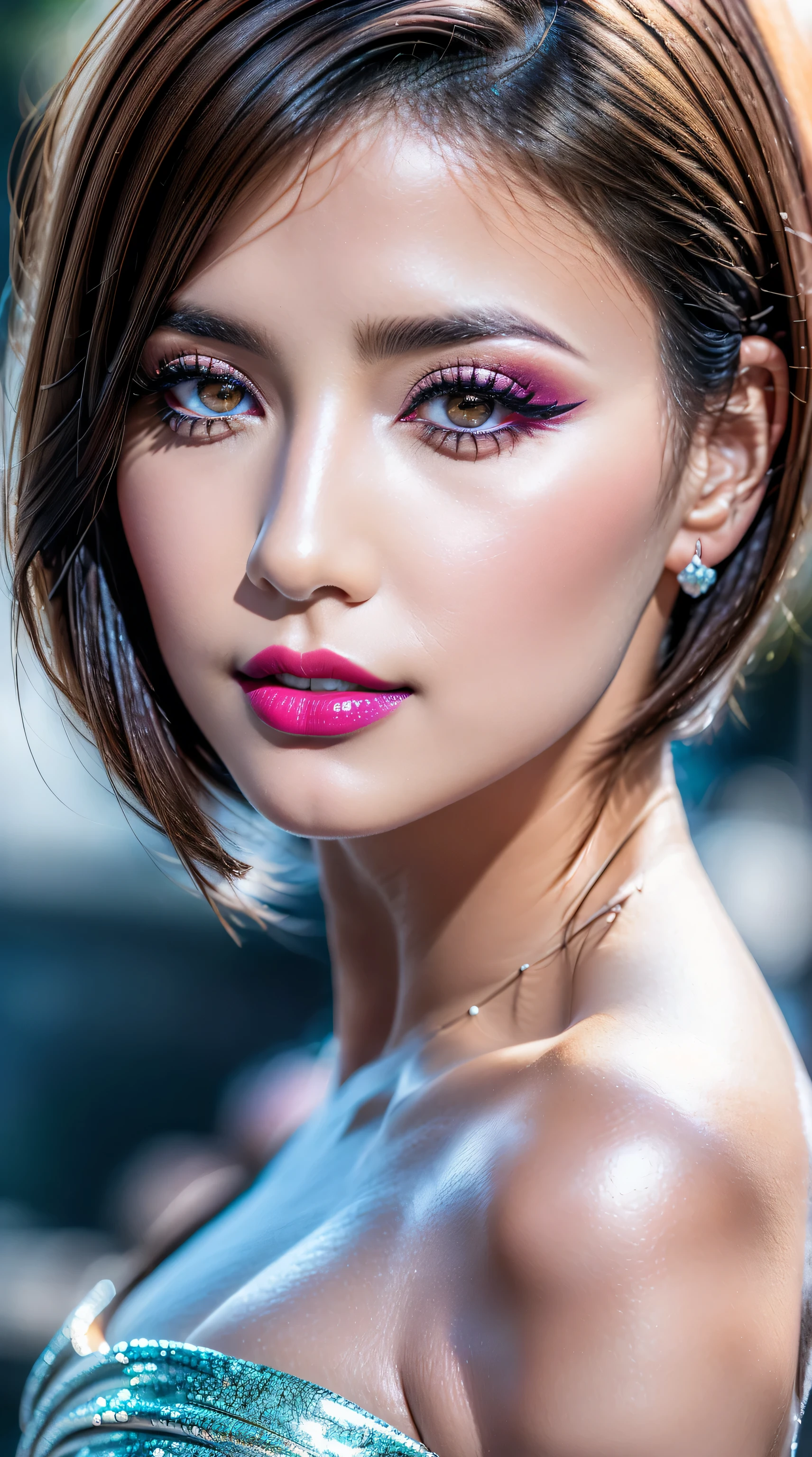 ((perfect round eyes))、dressed, (photo realistic:1.65), (realistic:1.65), (smoother lighting:1.05), (increase cinematic lighting quality:0.2), 32K, (1girl:1.4) 21years old、fashion supermodel、realistic lighting, backlighting, light on face, ray trace, (brightening light:1.1), (Increase quality:1.4), (best quality real texture skin:1.3), (finely detailed eyes), finely detailed face, ((finely quality eyes)), (tired and sleepy and satisfied:0.0), ((face closeup:1.25)), (detailed lips:1.33)、(Detailed nose:1.2)、(Increase body line mood:1.1), (Increase skin texture beauty:1.3), ((small head: 1.4))、((slim face)), ((anatomically correct)), ((pink_makeup:1.25)), ((long_blue)_eyeliner:1.3), ((red_lipstick:1.32)), (perfect purple_eyeshadows:1.35), there a close up of a woman's ((eye with a digital rendering)), ((detailed makeup on eyes:1.3)), iridescent eyes, with professional makeup, vibrant eyes:1.2, ((Glamour, paparazzi taking pictures of her), (very complicated Extravagant street outfit), The attention to detail, Double eyelids, Wear an off-the-shoulder top, full bodyesbian，((White short hair:1.43)), ((brown_eyes:1.6)), contrast、 (dark shot:1.08)、 UHD, Extremely detailed, voluminetric warm lighting,