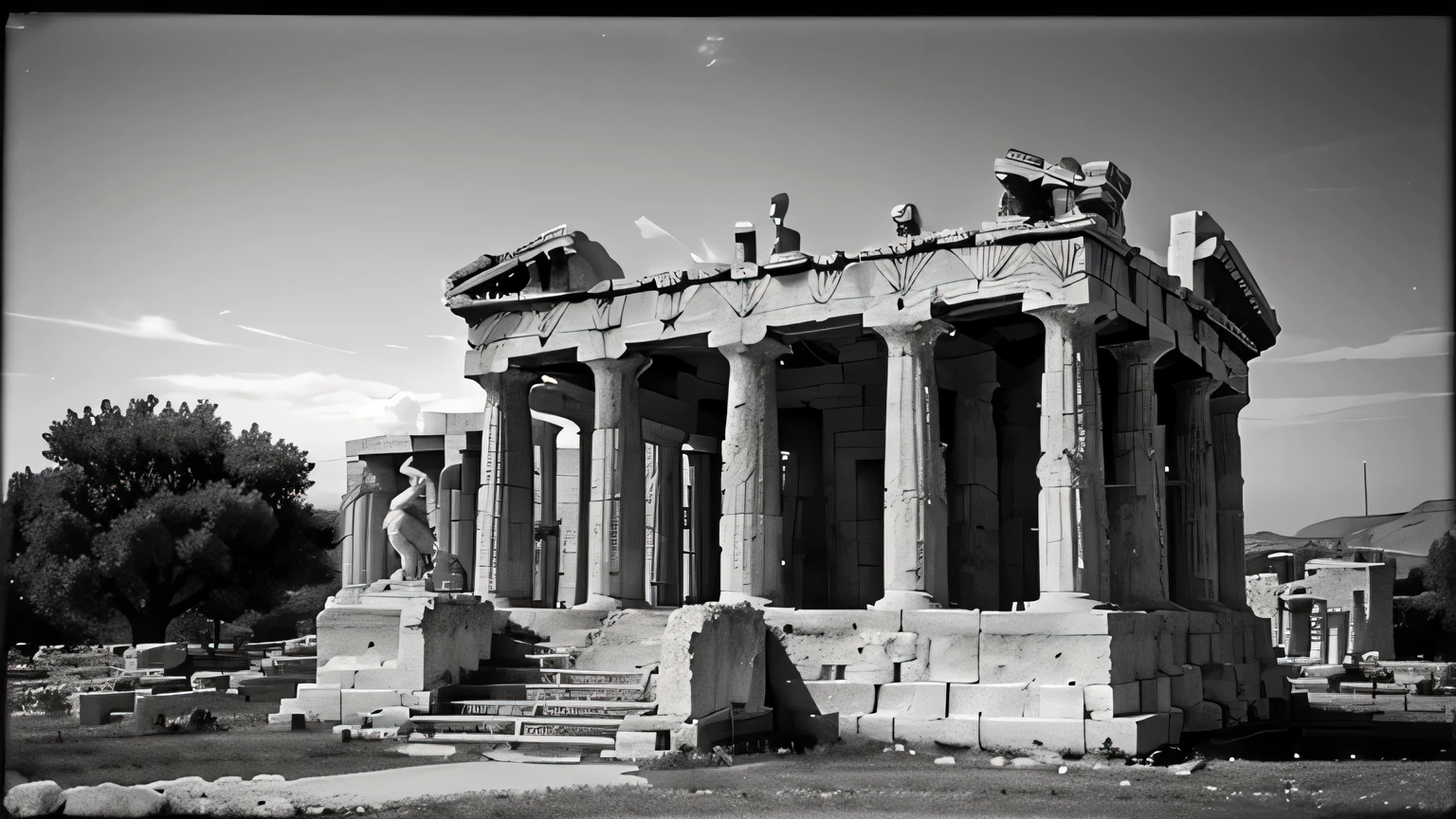 A dark landscape image of an ancient greek society deeply connected to stoicism, black and white, ancient greek architecture, include one single big statue of a stereotypical strong greek man, marcus aurelius and make him the king