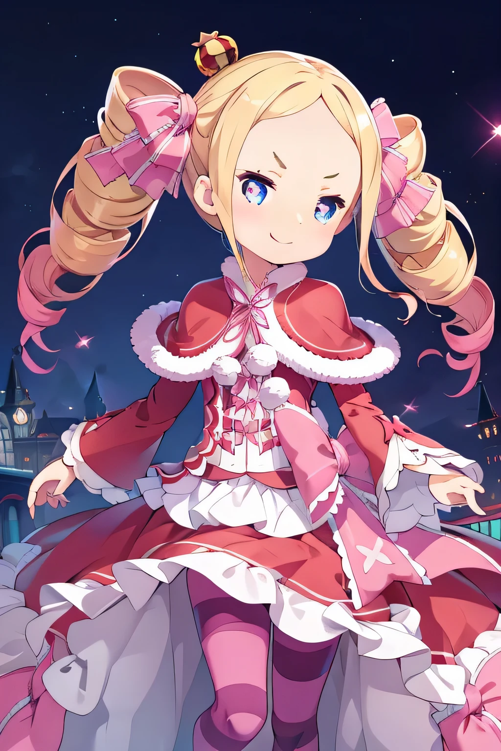 aabeatrice,symbol-shaped pupils,mini crown,long hair,twin drills,sidelocks,v-shaped eyebrows,hair ribbon,pink bow,fur-trimmed capelet,red capelet,dress,frilled dress,red dress,bow,ribbon,pom pom \(clothes\),long sleeves,wide sleeves,frills,pantyhose,striped pantyhose,shoes,pink footwear, smile, masterpiece castle, fantasy, power