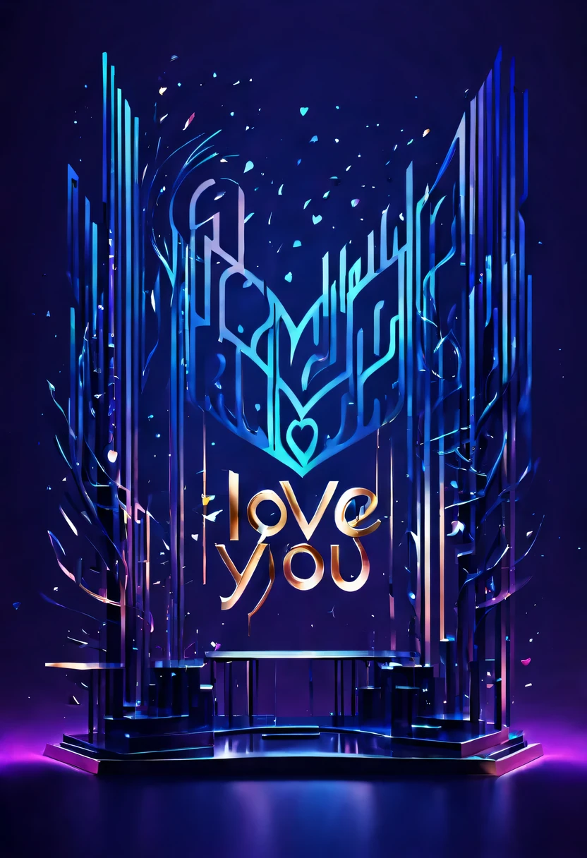 screenshot of landscape("I love you":1.9)Iron word design.gradient background,streamline、complex symmetry、Elegant and gorgeous、Beautifully unique、Sci-fi future、Mechanical texture、bright、Mesh details、Golden luster、sharp edge，Mechanical structure，High-tech equipment，magical text，cyberpunk，Holographic projection，fault art，mechanical aesthetics，neon lights，laser light，fluorescence，glow effect，liquid metal，copper plate engraving，Unreal Engine
