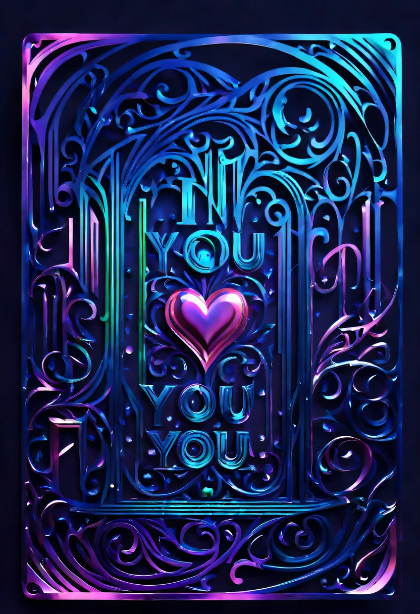 screenshot of landscape("I love you":1.9)Iron word design.gradient background,streamline、complex symmetry、Elegant and gorgeous、Beautifully unique、Sci-fi future、Mechanical texture、bright、Mesh details、Golden luster、sharp edge，Mechanical structure，High-tech equipment，magical text，cyberpunk，Holographic projection，fault art，mechanical aesthetics，neon lights，laser light，fluorescence，glow effect，liquid metal，copper plate engraving，Unreal Engine