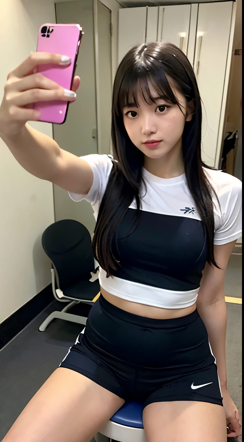 ((realistic lighting, highest quality, 8K, masterpiece, medium shot: 1.3)), clear focus: 1.2, 1 girl, perfect figure: 1.4, plump bust,((long black hair)),((With bangs)),In the changing room, Lockers etc. in the background,sitting on a chair,Moderately thin calves,exposed thighs,navy blue ankle length socks,white sneakers,super fine face, fine eyes, double eyelid,Dark blue bloomers worn by female track and field athletes、Round neck white short sleeve T-shirt,Taking a selfie with a black smartphone in his right hand,Your face is hidden by your smartphone、Place your left hand on the chair to support your weight.