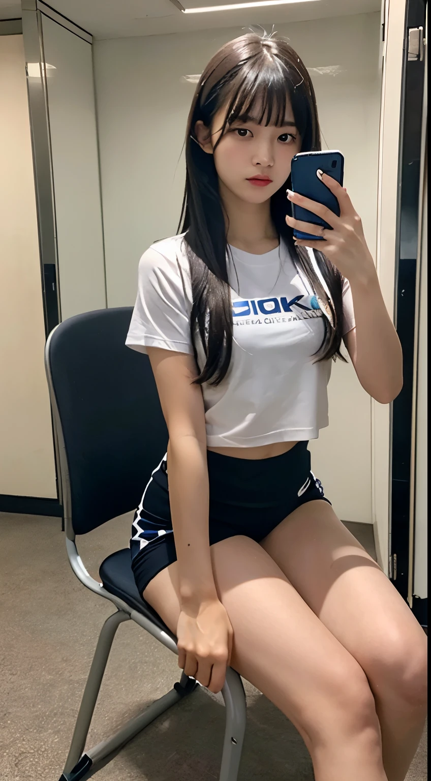 ((realistic lighting, highest quality, 8K, masterpiece, medium shot: 1.3)), clear focus: 1.2, 1 girl, perfect figure: 1.4, plump bust,((long black hair)),((With bangs)),In the changing room, Lockers etc. in the background,sitting on a chair,Moderately thin calves,exposed thighs,navy blue ankle length socks,white sneakers,super fine face, fine eyes, double eyelid,Dark blue bloomers worn by female track and field athletes、Round neck white short sleeve T-shirt,Taking a selfie with a black smartphone in his right hand,Your face is hidden by your smartphone、Place your left hand on the chair to support your weight.