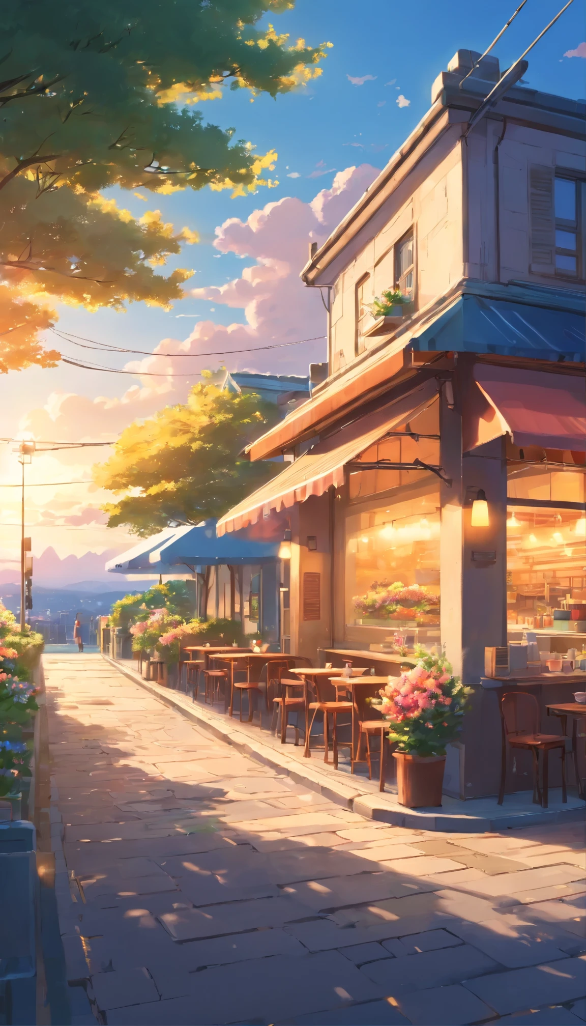 1 only cafe on roadside with trees and flowers, vibrant flowers on roof, sunset clouds, highly detailed, 8k, uhd, ultrasharp, masterpiece quality, shot taken from front side,peaceful atmosphere, countryside view
