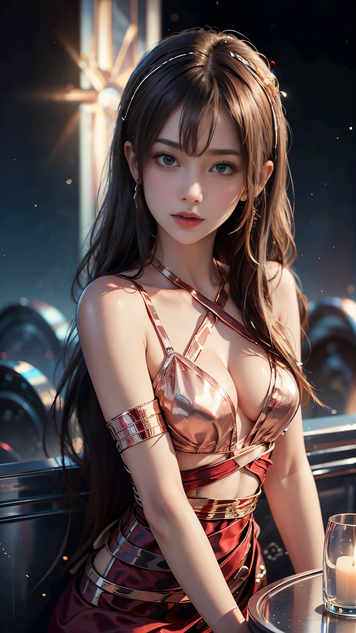 8K, ultra HD, masterpiece, 1 girl, good face, very long hair, spreading hair, Realistic eyes, (small curved breasts), (red dress:1.4), (metallic dress:1.5), (bare waist:1.5),(criss-cross strap), magical lights, night light, (upper body), sitting,