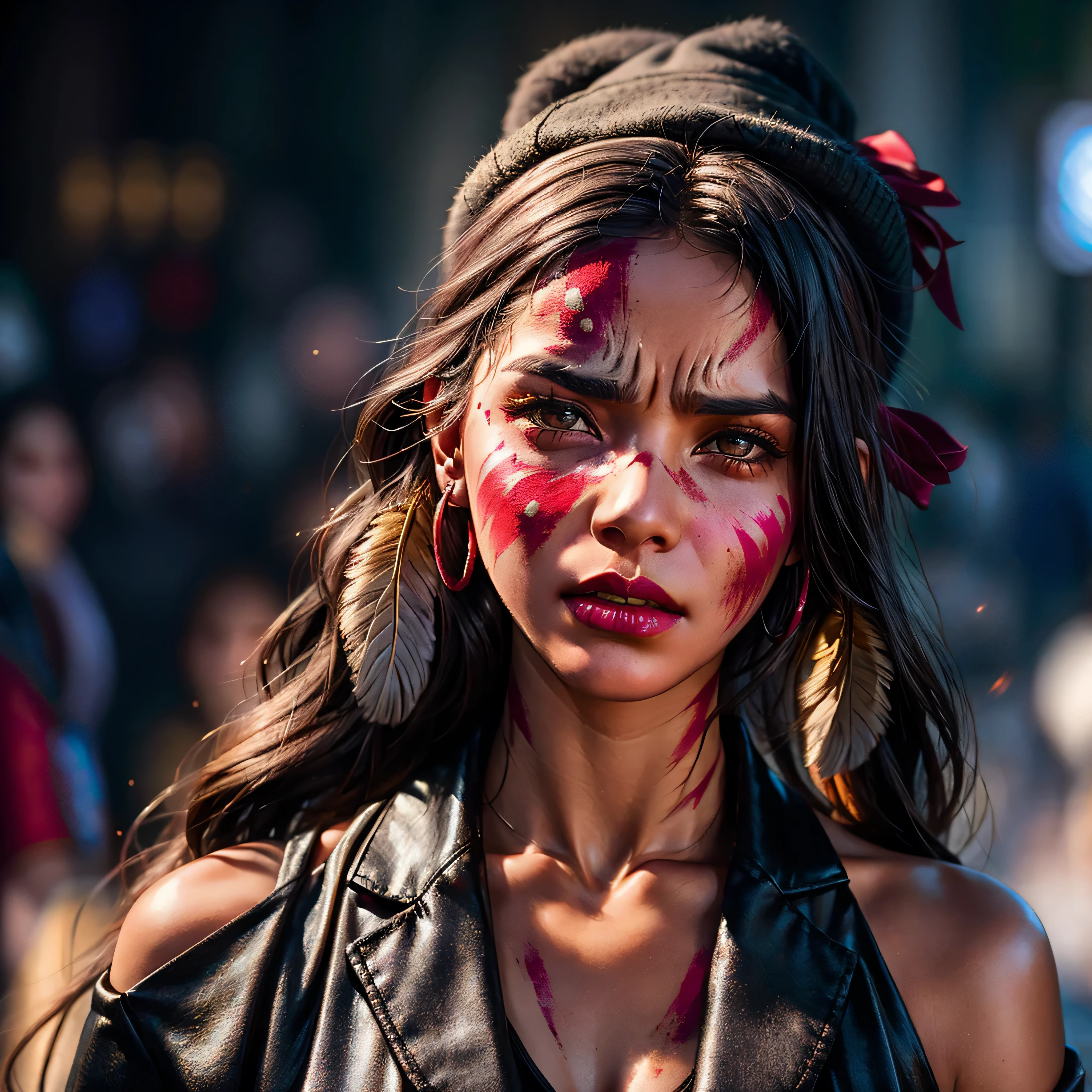 woman with red painted face and grey hat with a red face, photo from a spectator, human face with bright red yes, indigenous, ( greg rutkowski ), red lipstick on face, highlight, markings on her face, warrior face painting red, haida, red birthmark, manifestation, photo of young woman, pained expression, absolutely outstanding image, bite her lip