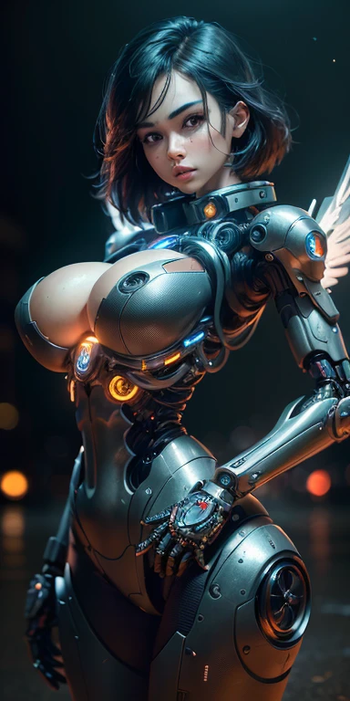 (((1girl))), (perfect beautiful face:1.7), gorgeous, walking, (((cowboy shot))), 18 years old, (((very huge breast))), ((short hair)), (((black hair))), closed_mouth, large eyes, detailed pupils, blue pupil, black cat ears, thin thighs, small hip, long legs, (round face), (wide shoulder), perfect limbs, ((intricate black cyborg body)), (intricate black robot body), mecha, biomechanical, (complex robot:1.2), dark angel, neon lights, futuristic, ((dark background)), spaceship, steampunk, machines, night, artistic, (8k, RAW photo, best quality, masterpiece:1.4), (realistic, photo-realistic:1.4), ultra-detailed, (high detailed skin:1.4), 8k uhd, dslr, high quality, award-winning photography, detailed face, ultra-realistic, fantasy, sharp focus, depth of field, blurred background, RAW photo, film grain, Intricate, extremely detailed CG unity 8k wallpaper, focus on face, symmetry eyes, nice hands, perfect hands, (((low angle))), (camera from hip level), (ultra-wide angle), pureerosface_v1, clean face