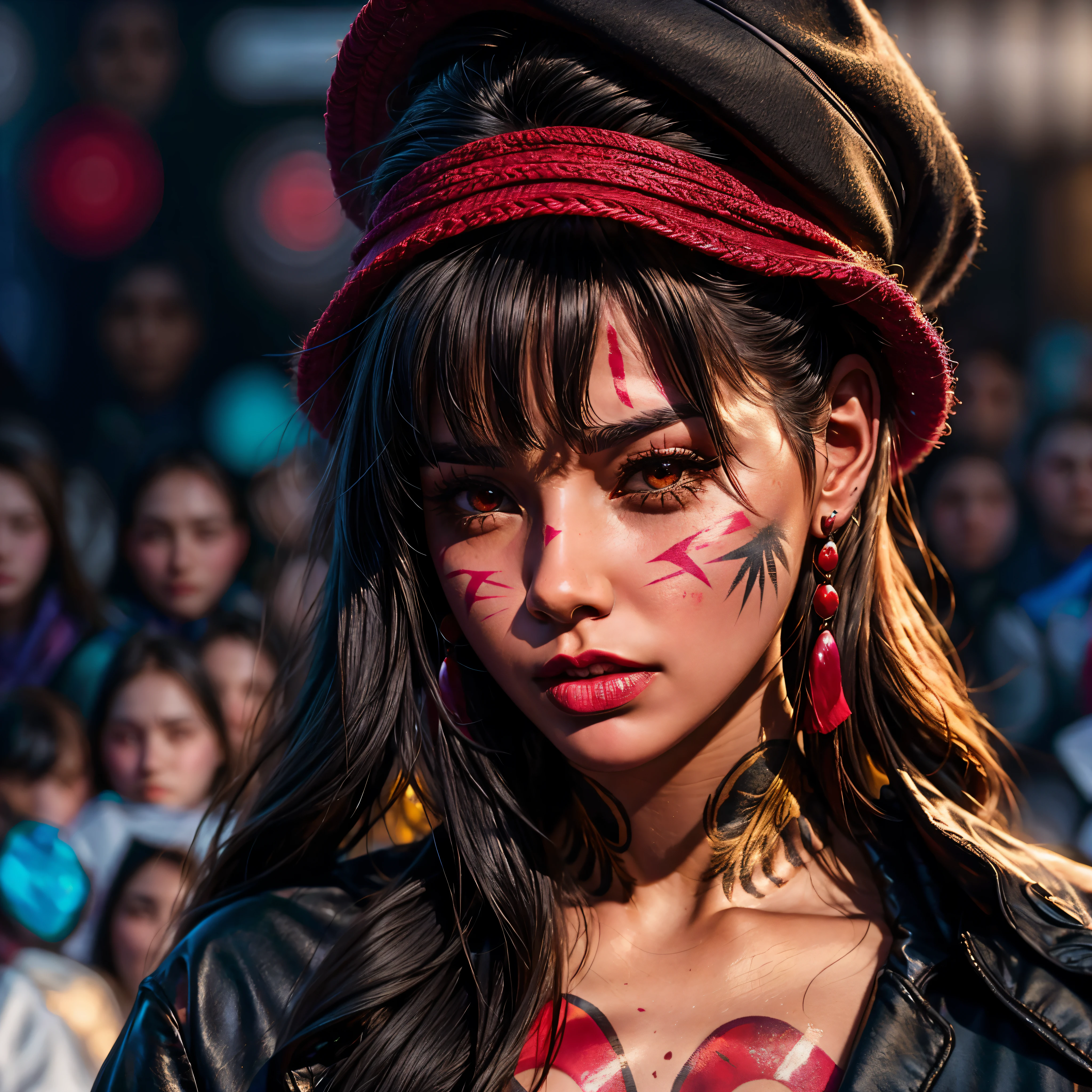 woman with red painted face and grey hat with a red face, photo from a spectator, human face with bright red yes, indigenous, ( greg rutkowski ), red lipstick on face, highlight, markings on her face, warrior face painting red, haida, red birthmark, manifestation, photo of young woman, pained expression, absolutely outstanding image, bite her lip