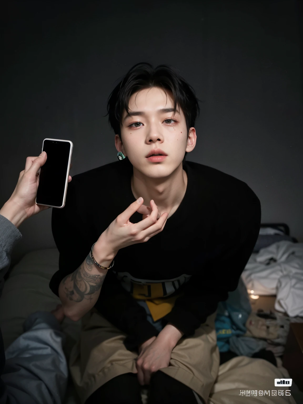 there is a man taking a picture of himself with his cell phone, looking at his phone, jinyoung shin aesthetic, kim doyoung, jinyoung shin, bladee from drain gang, yanjun chengt, 8k selfie photograph, taejune kim, korean artist, selfie of a man, creepy mood, inspired by jeonseok lee, he is holding a smartphone