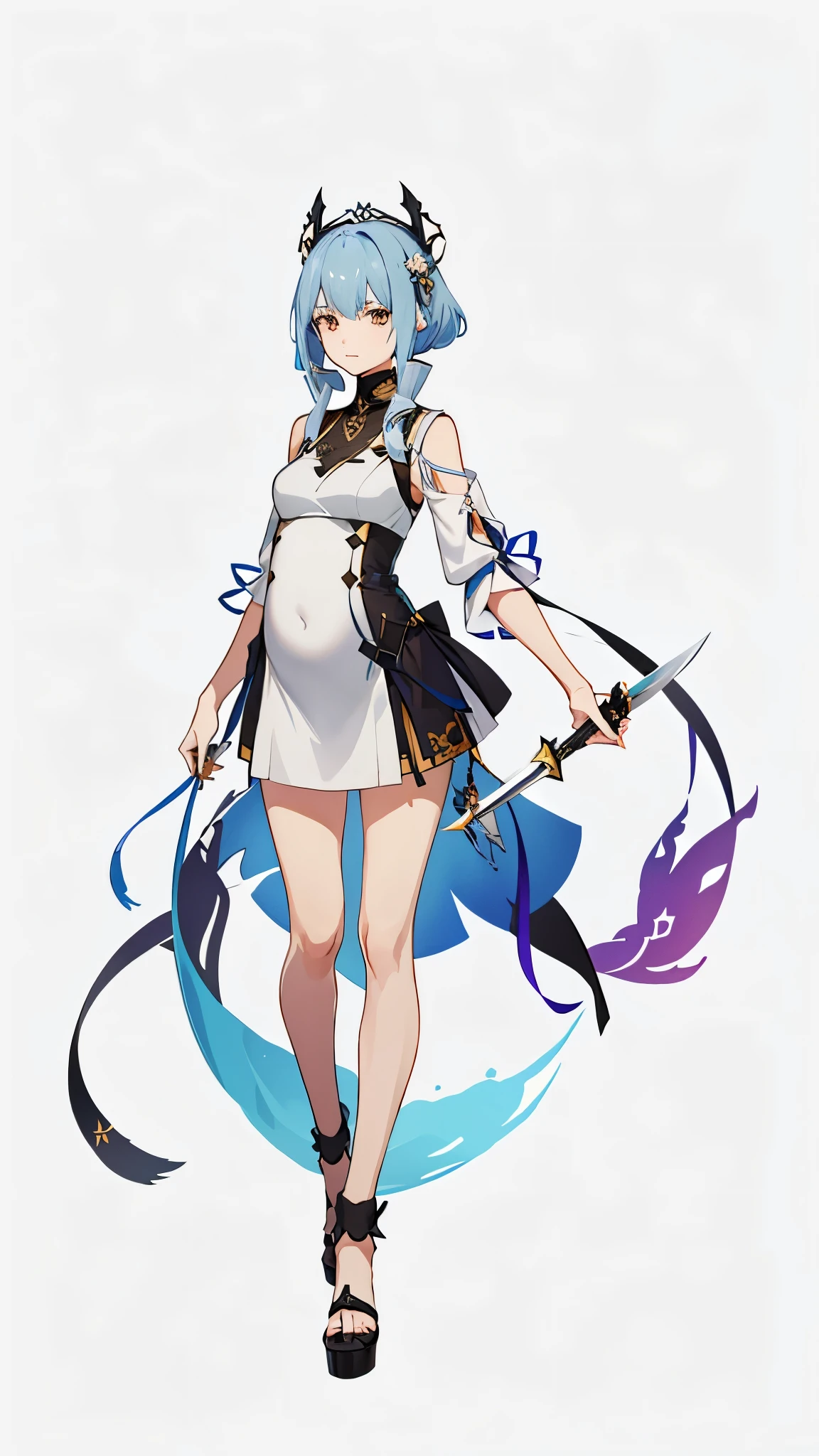 a woman in a dress holding a dagger and a dagger, video game character, from arknights, fox nobushi holding a dagger, hajime yatate, keqing from genshin impact, random haired deity, with small sword, ayaka genshin impact, female action anime girl, official character art, anime character, pregnant anime girl, fetus, random hair color