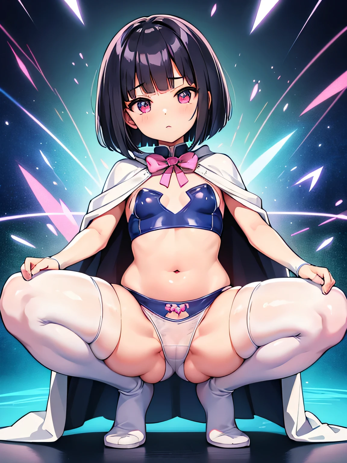 super , masterpiece, highest quality, abstract, psychedelic, neon, (honeycomb pattern), (creative:1.3), fantasy 00d、 black hair、bob cut with trimmed ends、flat chest、thin crotch、lolicon、belly button、High-leg style、white cloak with pink pattern、pointed nipples、white panties、(((squat)))、transparent clothes、A lot of pink hearts pop out from the crotch..、pray