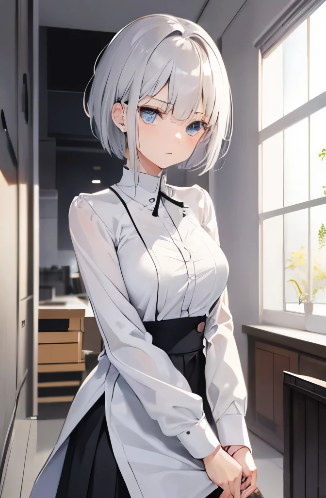 Hesitant look、Troubled expression、silver hair、short hair、medium breasts、 best quality、private server、shopping for clothes、skirt