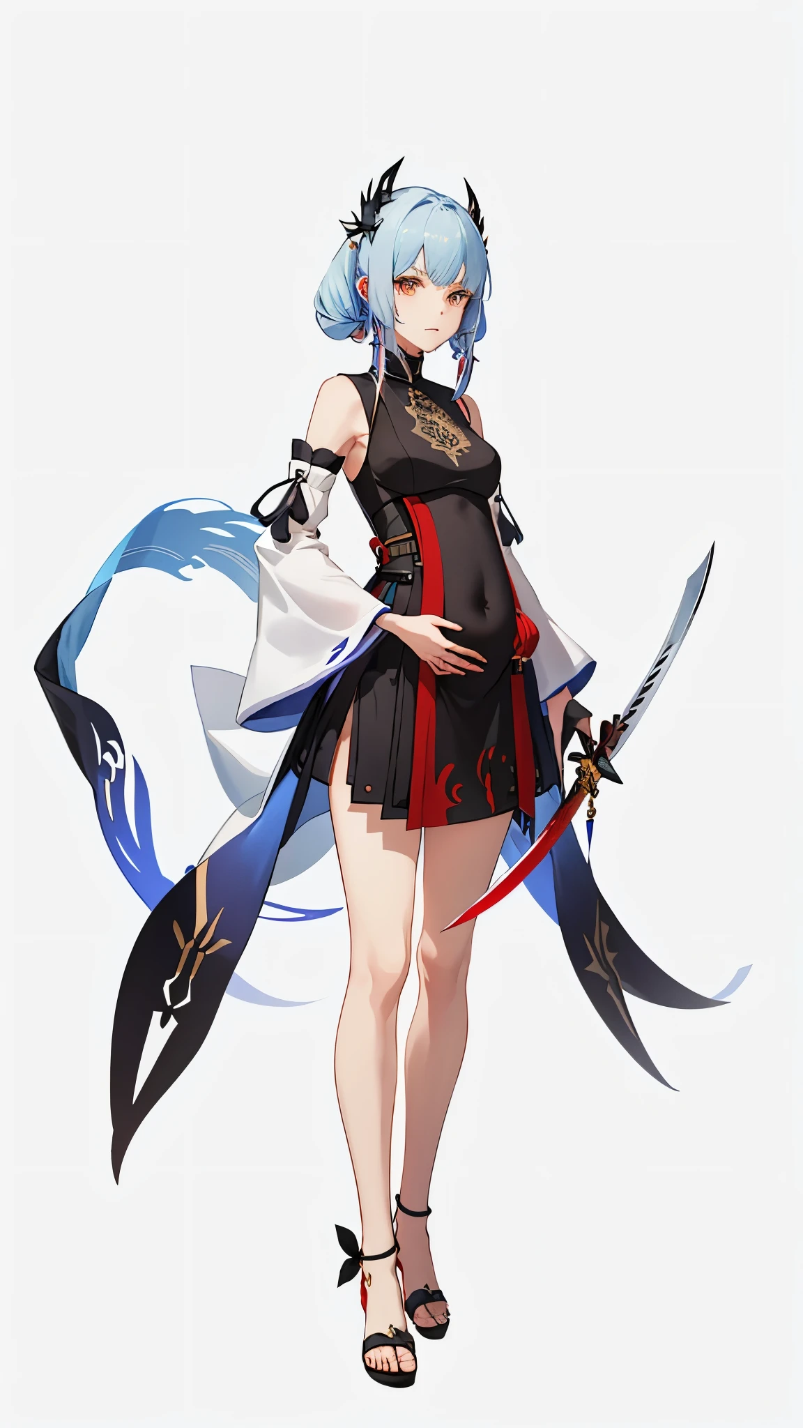a woman in a dress holding a dagger and a dagger, video game character, from arknights, fox nobushi holding a dagger, hajime yatate, keqing from genshin impact, random haired deity, with small sword, ayaka genshin impact, female action anime girl, official character art, anime character, pregnant anime girl, fetus, random hair color