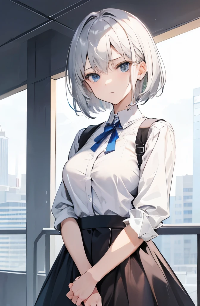 Hesitant look、Troubled expression、silver hair、short hair、medium breasts、 best quality、private server、shopping for clothes、skirt