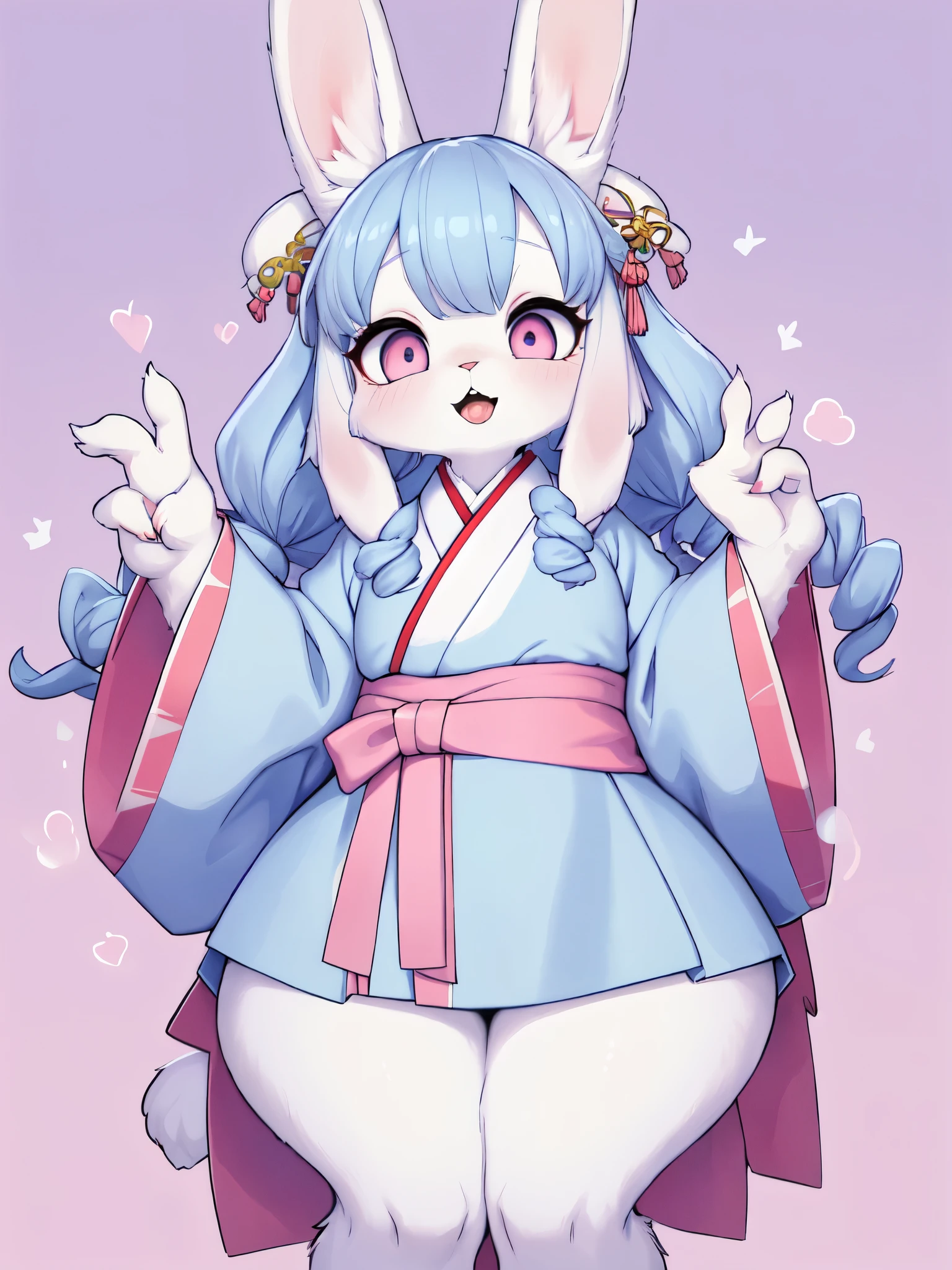 (a white young female rabbit furry), white fur, black fur on ear's edje, light blue curly hair, pink eyes, kemomo, bbw, plump, small, short height, young furry, little, opening mouth, cute rabbit teeth, chibi, lovely background, korean traditional clothes, hanbok