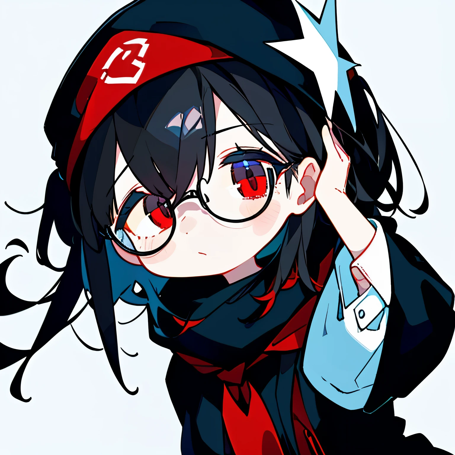 (masterpiece), best quality, expressive eyes, perfect face, red eye, black beanie, fluffy cut black hair, black scarf, black school sweater, short skirt, Round Glasses Black, simple background