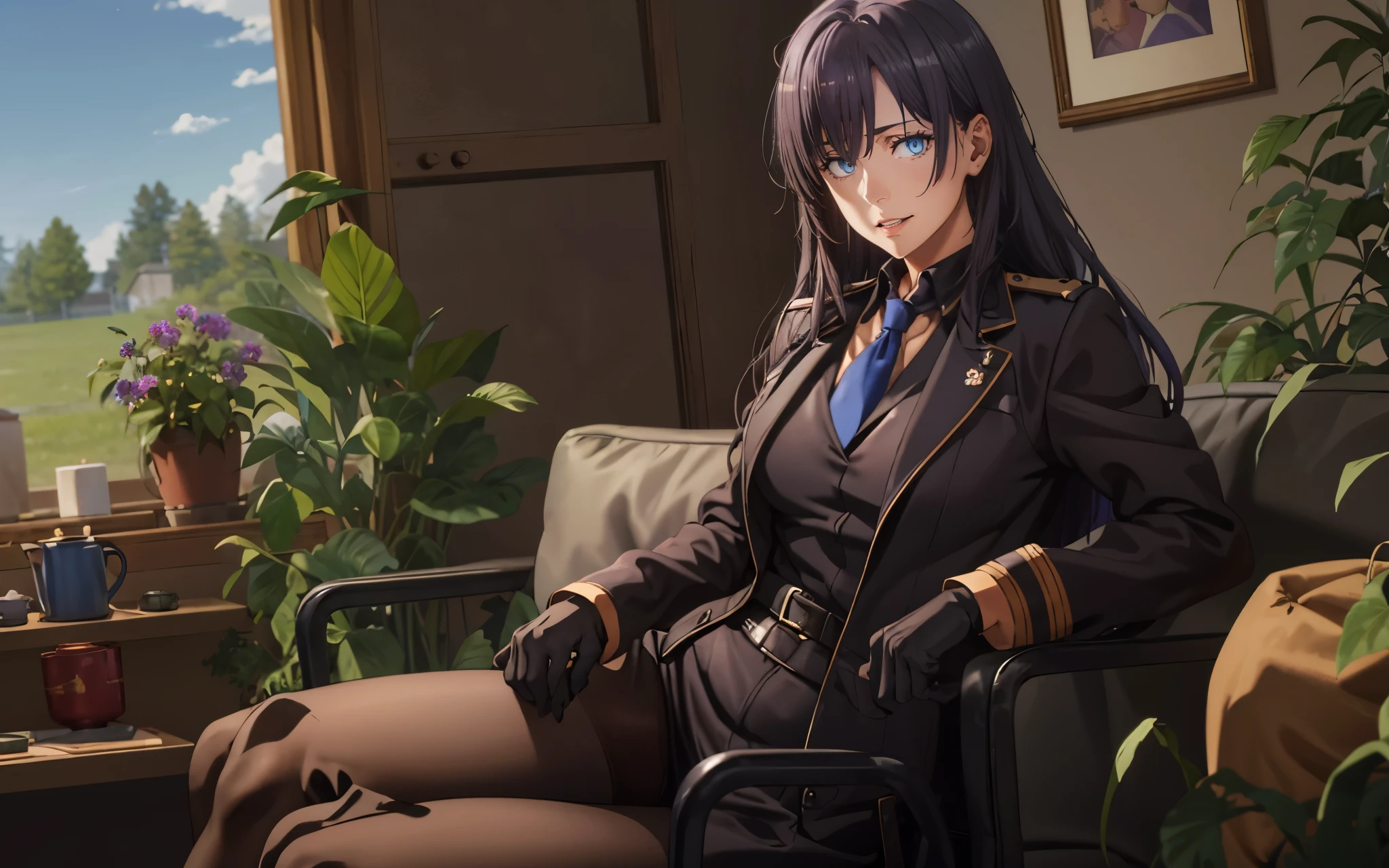 anatomically correct, best quality, masterpiece, high quality, high details, highres, HD, (shaded face:1.2), hollow eyes, blue eyes, looking at viewer, heavy breathing, smirk, uppert teeth, black hair, long hair, gloves, breasts, 1girl, long_hair, large_breasts, purple_hair, purple_eyes, sitting, military, black_gloves, couch, pantyhose, jacket, looking_at_viewer, military_uniform, bangs, indoors, chair, uniform, crossed_legs, long_sleeves, solo