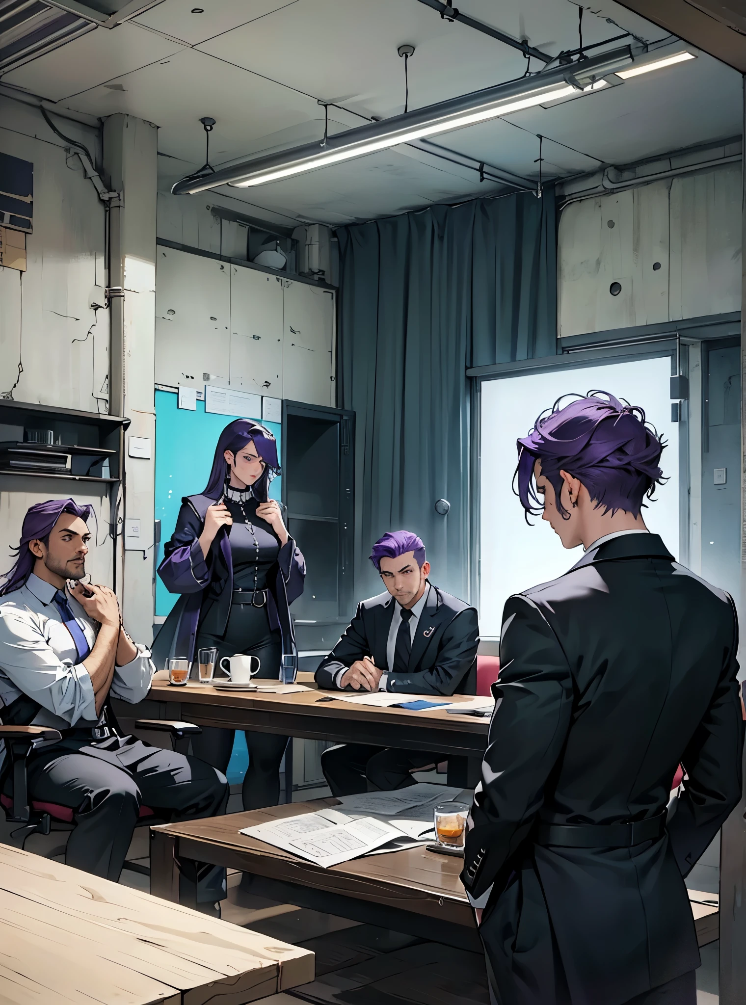 everyone has cinematic purple hair, Realista, en tonos azules, escena ambientada dentro de un estudio privado, a group of designers, tres hombres y tres mujeres, get together for a classic mafia style meeting, los seis de pie, luciendo genial pero tenso -- Ar 16:9  