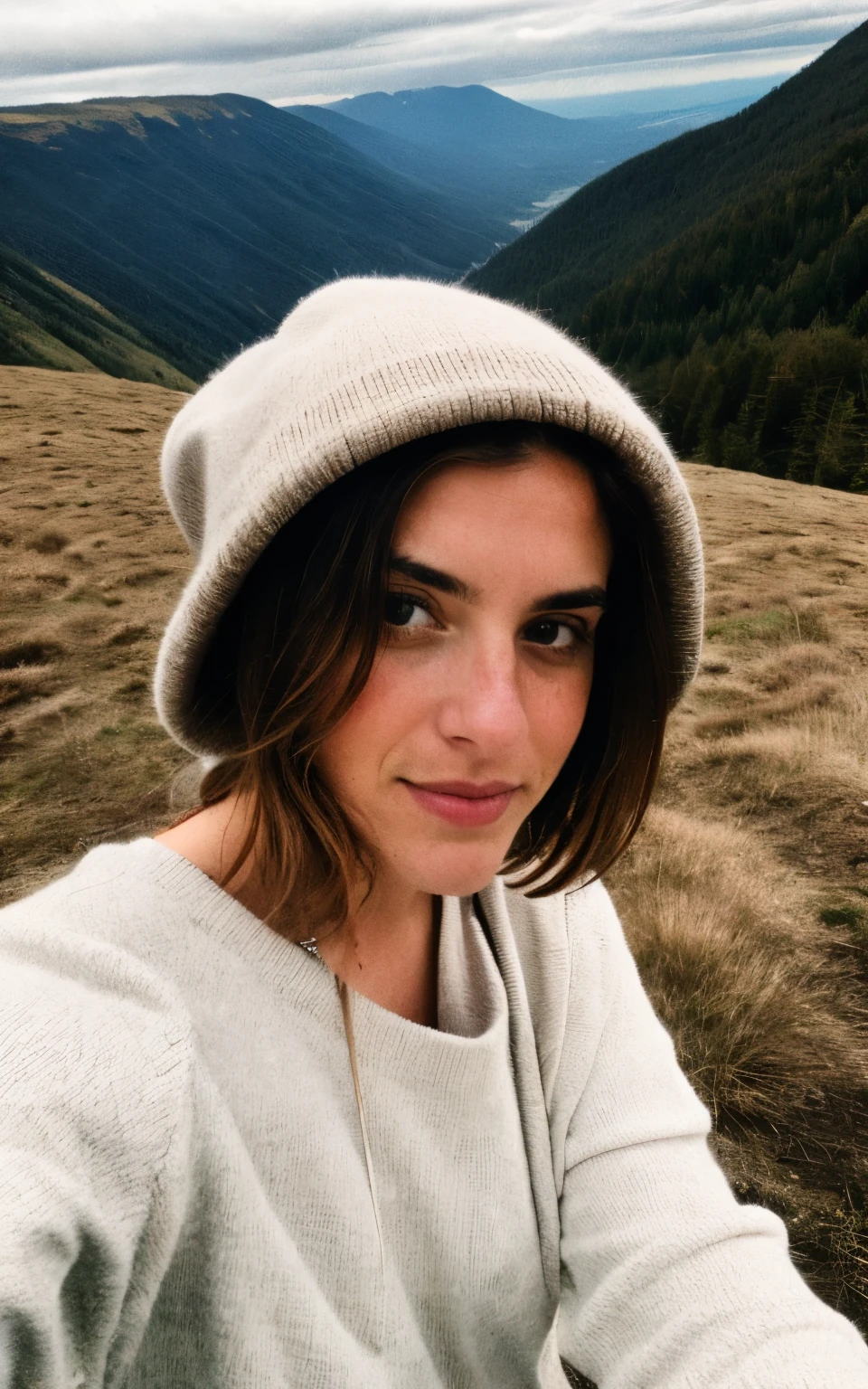 photographier, photo d'une belle femme, Selfie, Haut du corps, seulement, porter un pull, en plein air, (nuit), montagnes, la vraie nature, étoiles, lune, joyeux, heureux, gants, pull-over, bonnet, forêt, rochers, rivière, bois, fumée, brouillard, regarder le spectateur, Texture de la peau, grain photo, Fermer, Photo brute