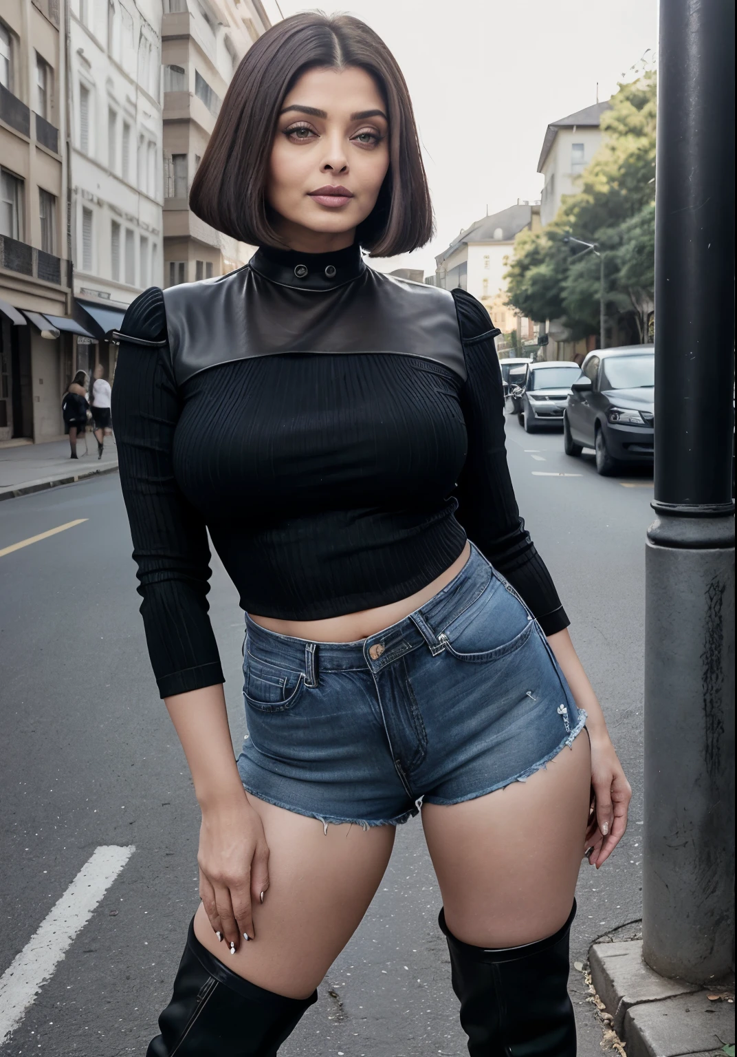 50yo mature MILF Aishwarya Rai as MILF police, denim tight shorts, black cotton SHIRT, ((knee high boots)), ((bob cut hair)), bright sunny day scene, mature athletic curvaceous milf body, ((seductive pose in streets)), hourglass milf figure, perfect breasts, (((seductive expression))) on face, look at camera soft volumetric lights, intricate details, (ArtStation:1.2)