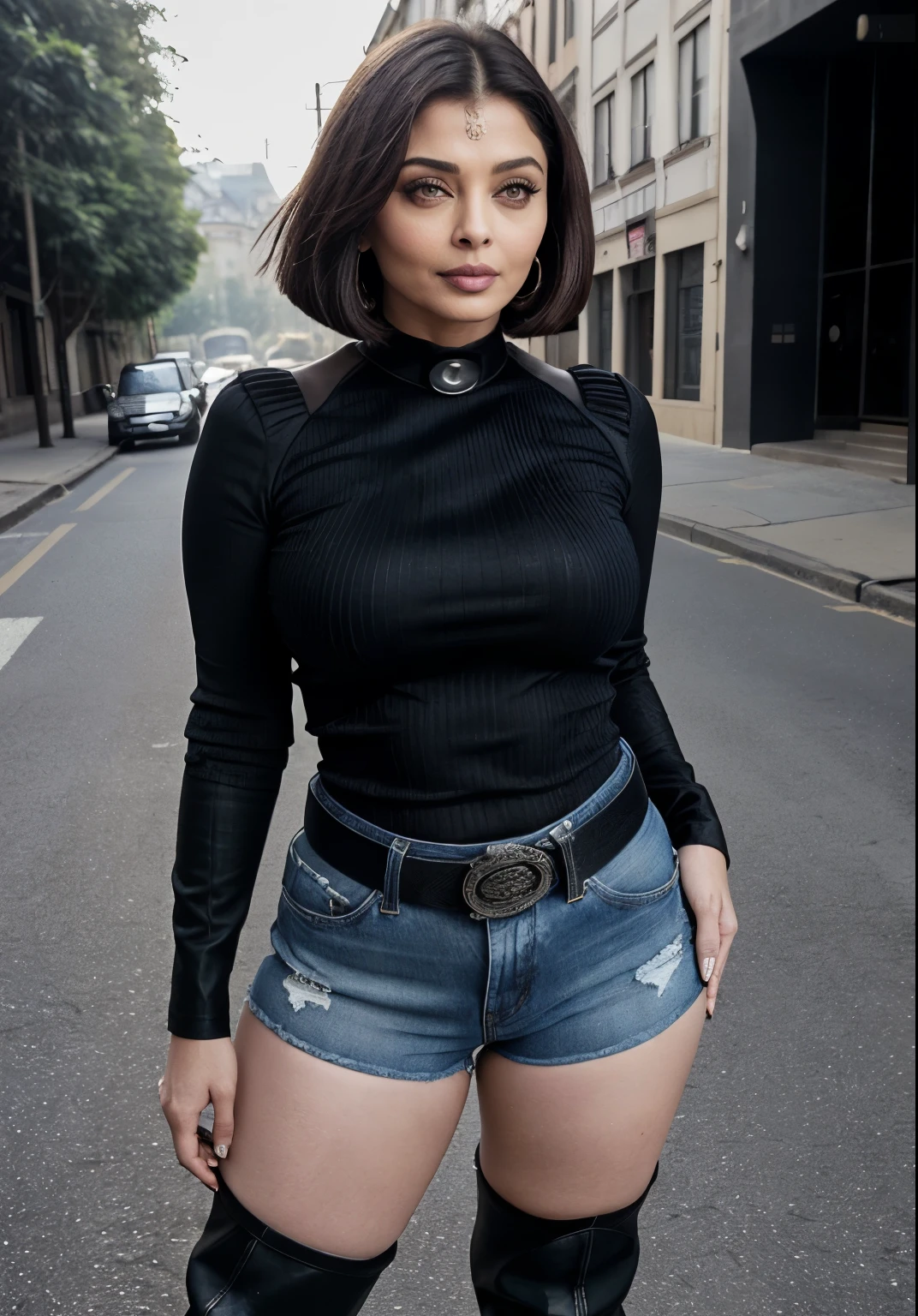50yo mature MILF Aishwarya Rai as MILF police, denim tight shorts, black cotton SHIRT, ((knee high boots)), ((bob cut hair)), bright sunny day scene, mature athletic curvaceous milf body, ((seductive pose in streets)), hourglass milf figure, perfect breasts, (((seductive expression))) on face, look at camera  soft volumetric lights, intricate details, (ArtStation:1.2)