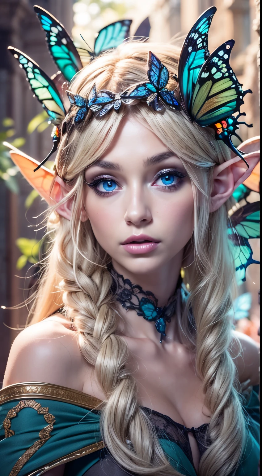 Beautiful, Amazing face and eyes, makeup, (extremely detailed beautiful face), Blonde, (sexiest look), (Beautiful breasts:1.3), (Best Quality:1.4), (Ultra-detailed), (extremely detailed CG unified 8k wallpaper), Highly detailed, RAW Photos, Professional Photography, (silk see through lace:1.3), full body, sitting, (Spread your legs), (:1.4), plein air, Illumination, (Super fancy photos:1.4), (Dazzling light), Radiant Photography, depth of fields, (Glowing blue eyes), (realistic elf ear), (castle, fantasy setting), ((orbs)), massive butterfly wings,