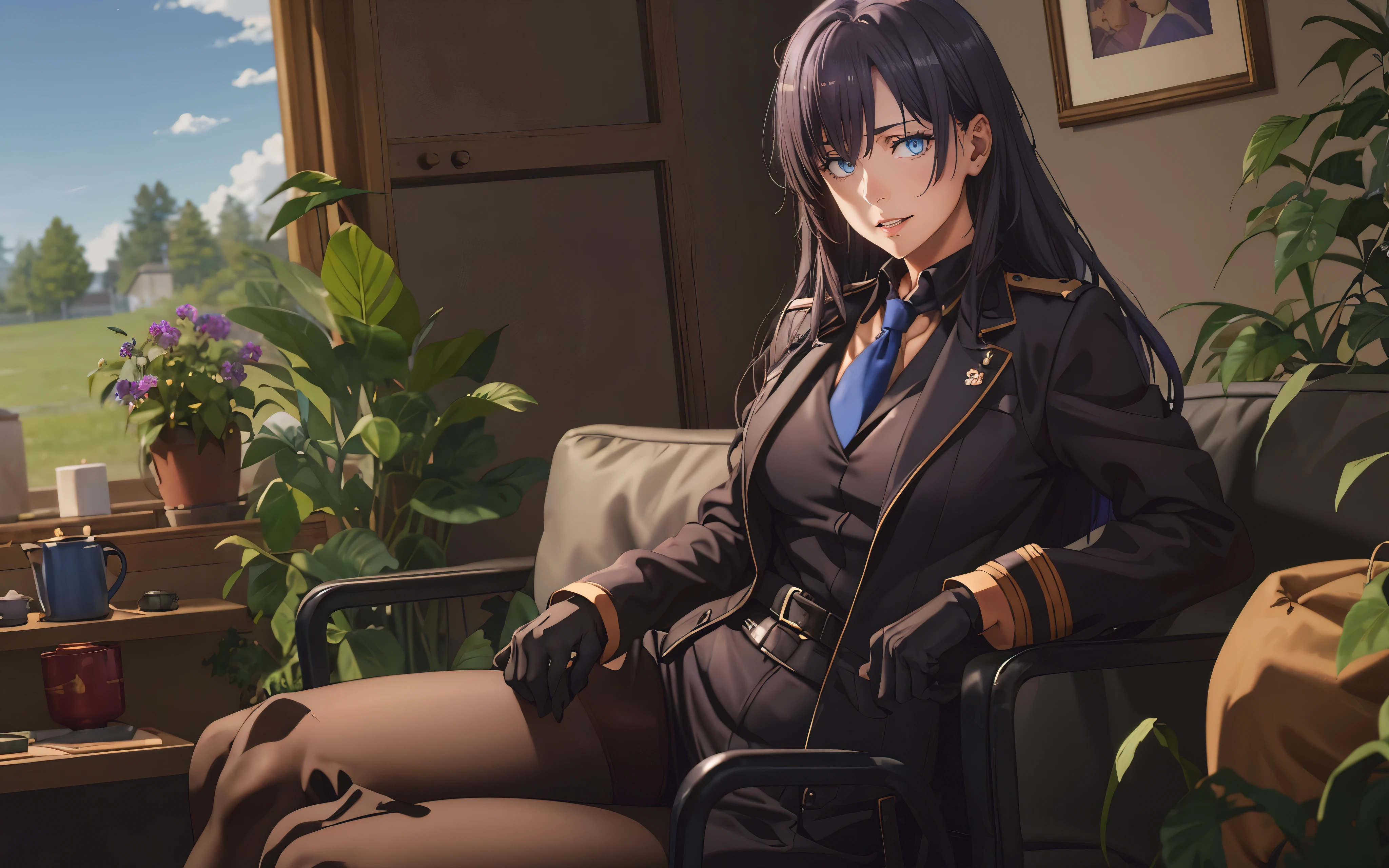 anatomically correct, best quality, masterpiece, high quality, high details, highres, HD, (shaded face:1.2), hollow eyes, blue eyes, looking at viewer, heavy breathing, smirk, uppert teeth, black hair, long hair, gloves, breasts, 1girl, long_hair, large_breasts, purple_hair, purple_eyes, sitting, military, black_gloves, couch, pantyhose, jacket, looking_at_viewer, military_uniform, bangs, indoors, chair, uniform, crossed_legs, long_sleeves, solo