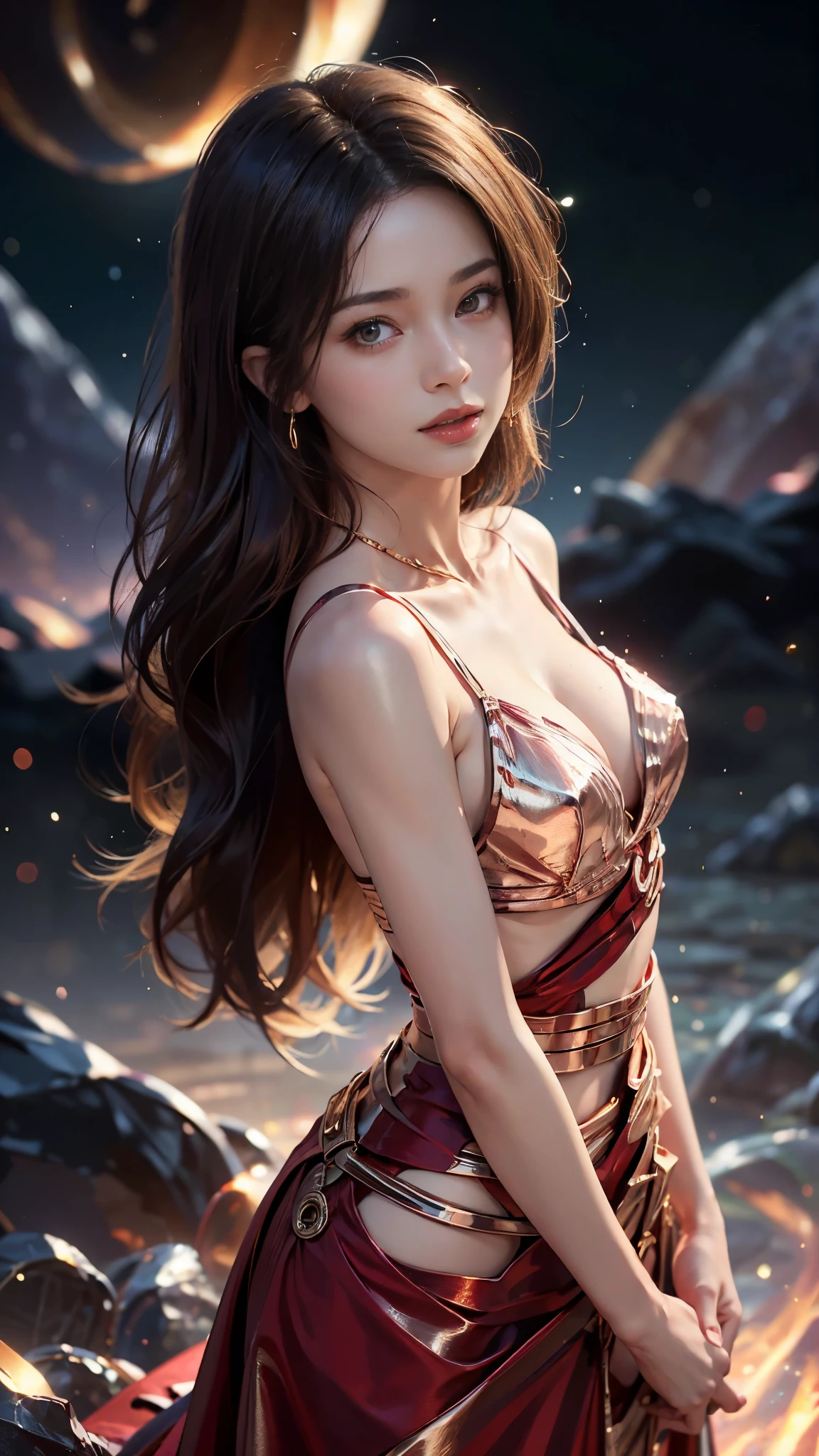 8K, ultra HD, masterpiece, 1 girl, good face, very long hair, spreading hair, Realistic eyes, (small curved breasts), (red dress:1.4), (metallic dress:1.5), (bare waist:1.5),(criss-cross strap), magical lights, night light, (upper body), attractive poses,