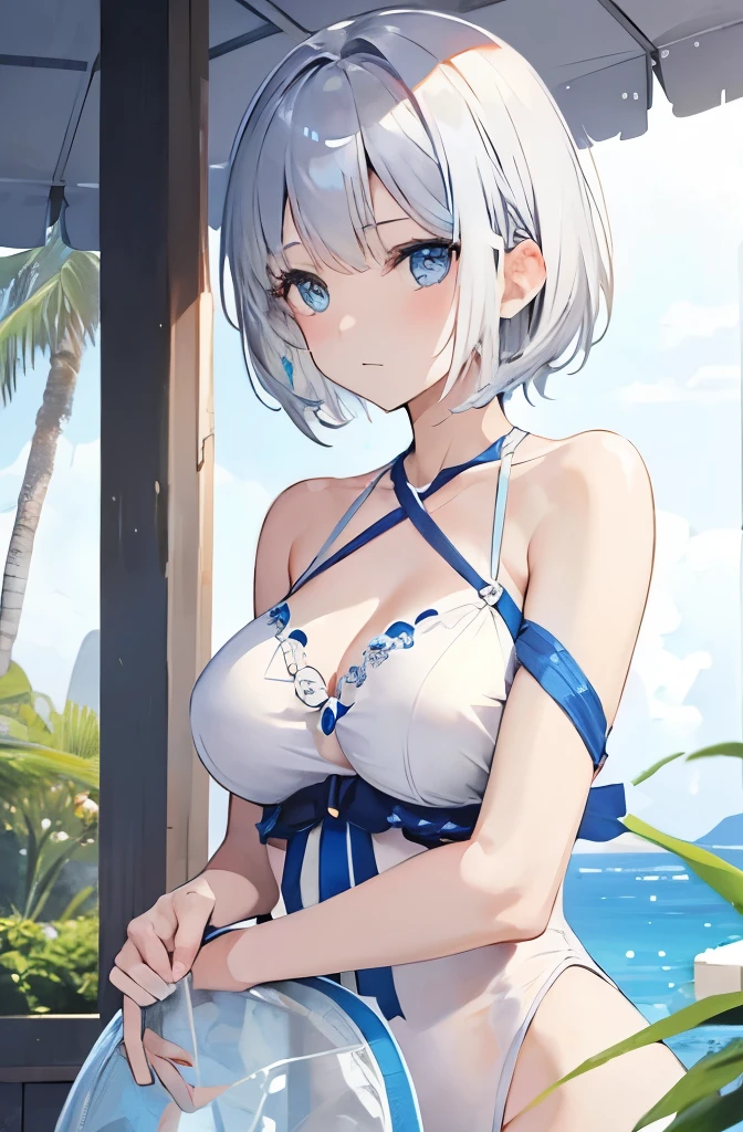 white and blue adult swimwear、silver hair、short hair、medium breasts、 best quality、sandy beach、sunny、pale blue eyes