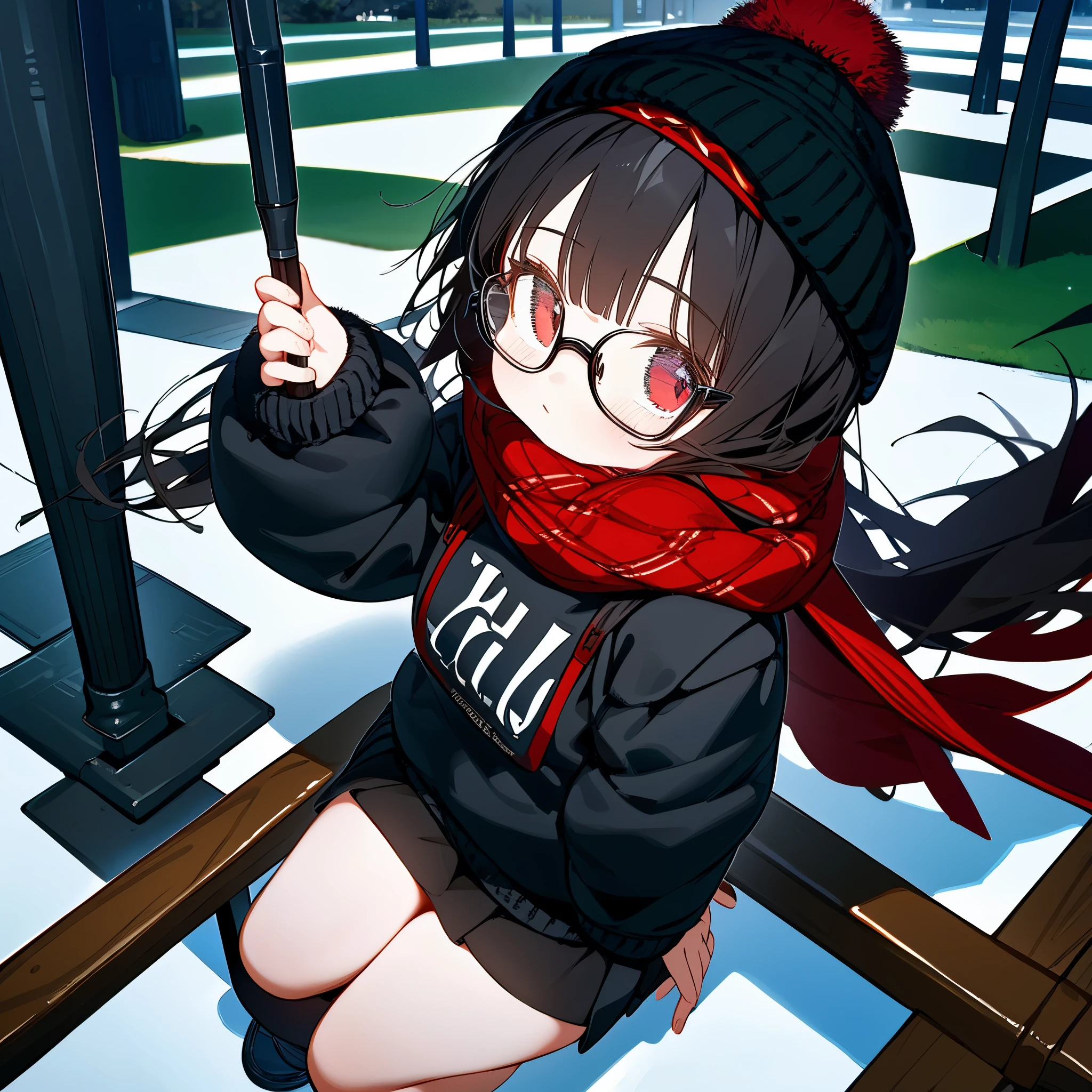 (masterpiece), best quality, expressive eyes, perfect face, red eye, black beanie, fluffy cut black hair, black scarf, black school sweater, short skirt, Round Glasses Black, park,